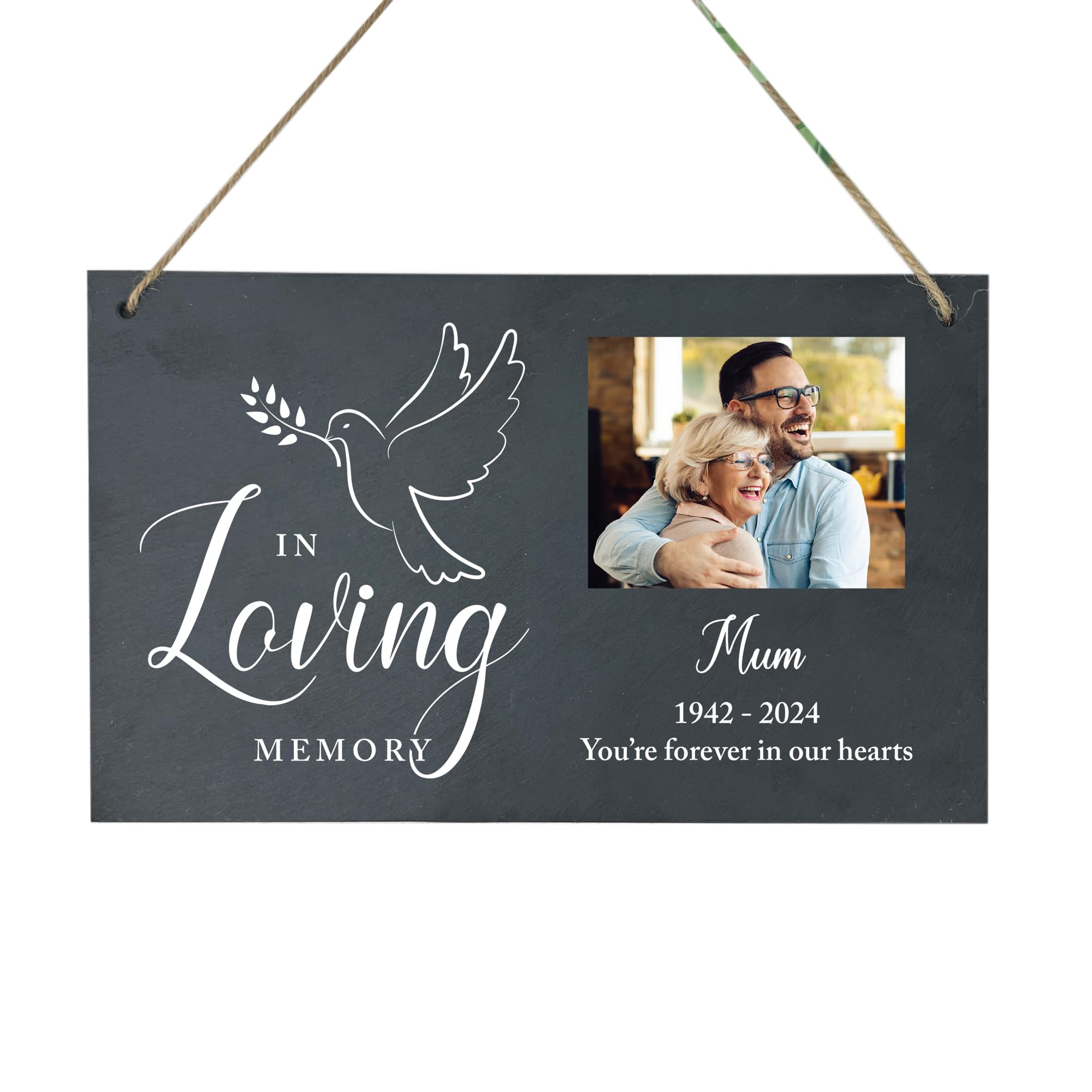 In Loving Memory" Dove Photo Slate Hanging Plaque - Custom Message | Sympathy Gift, Remembrance | 25x15cm