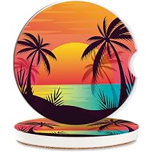 Beach Palm Trees Car Coasters for Women 2 Pack,Sunset Landscapes Absorbent Car Coasters for Cup Holders Insert Ceramic Anti Slip with Finger Notch & Cork Base Auto Accessories Gifts