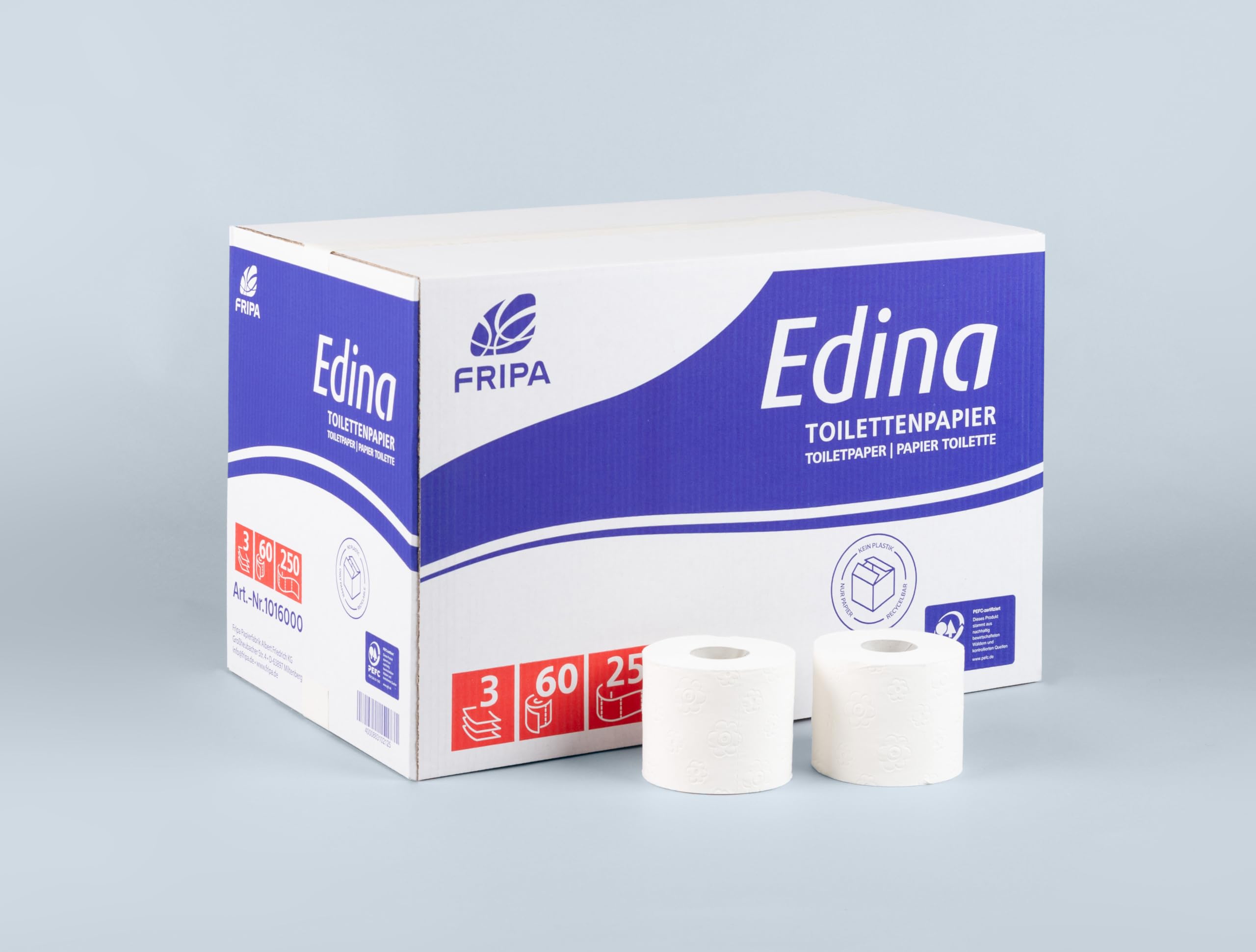 Fripa Toilettenpapier Edina, 3-lagig, 60 Rollen – Weiß, weich & reißfest, Premium-WC-Papier für empfindliche Haut, hygienisch & umweltfreundlich