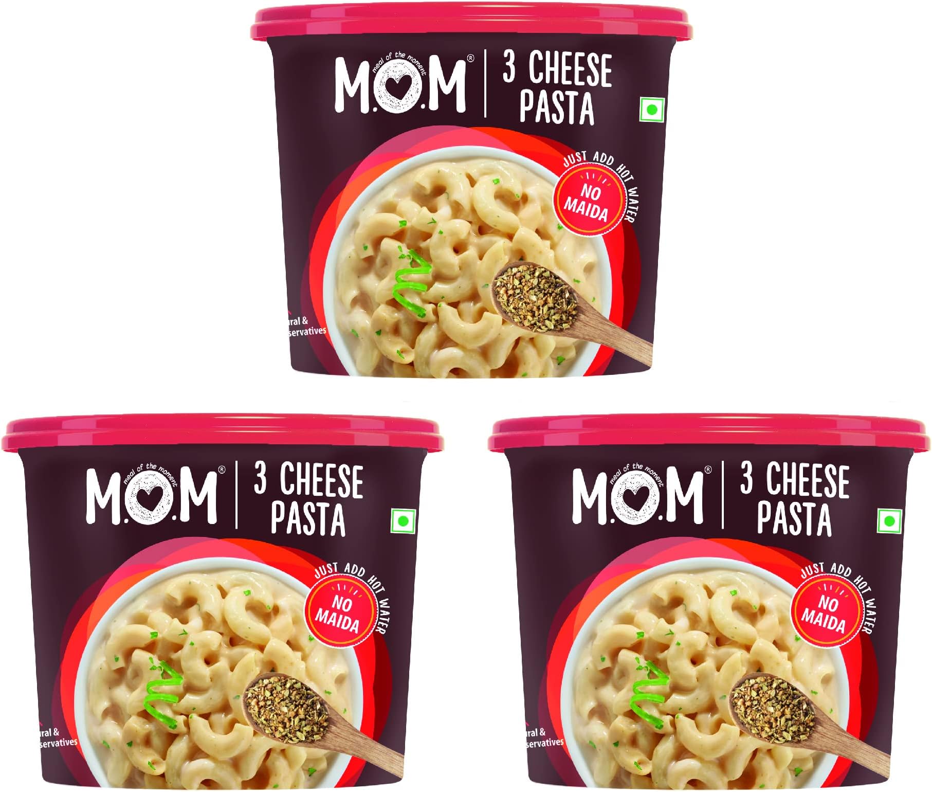 MOM - Meal of the Moment, 3 Cheese Pasta, 65/ 74g (Pack of 3) - Ready to eat | No added Preservatives | Instant Meals | 100% durum wheat