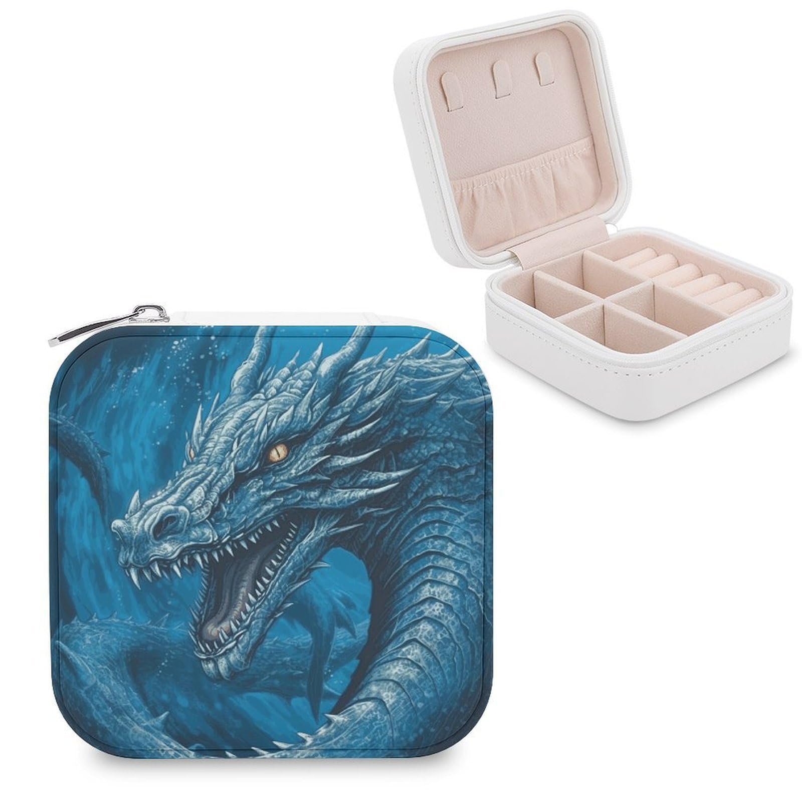 JTREHY Travel Dragon Cool Blue Jewelry Case Portable Display Storage Box PU Leather Mini Jewelry Travel Case Personalized Travel Jewelry Organizer Small Jewelry Box for Women