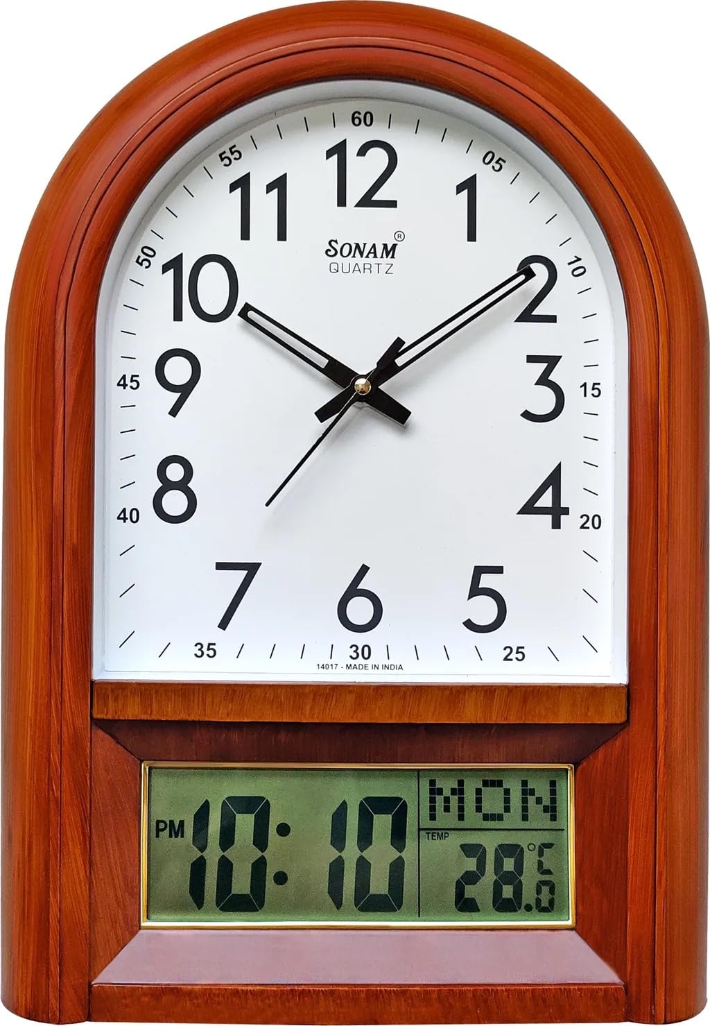 Sonam SLC 14017 Arch-Shaped Colonial Maple Wood Wall Clock with Digital LCD, Day & Temperature Display – Hybrid Analog & Digital Vintage Decor Clock by Devicrafts (15.75 x 11.22 Inches)-image-40