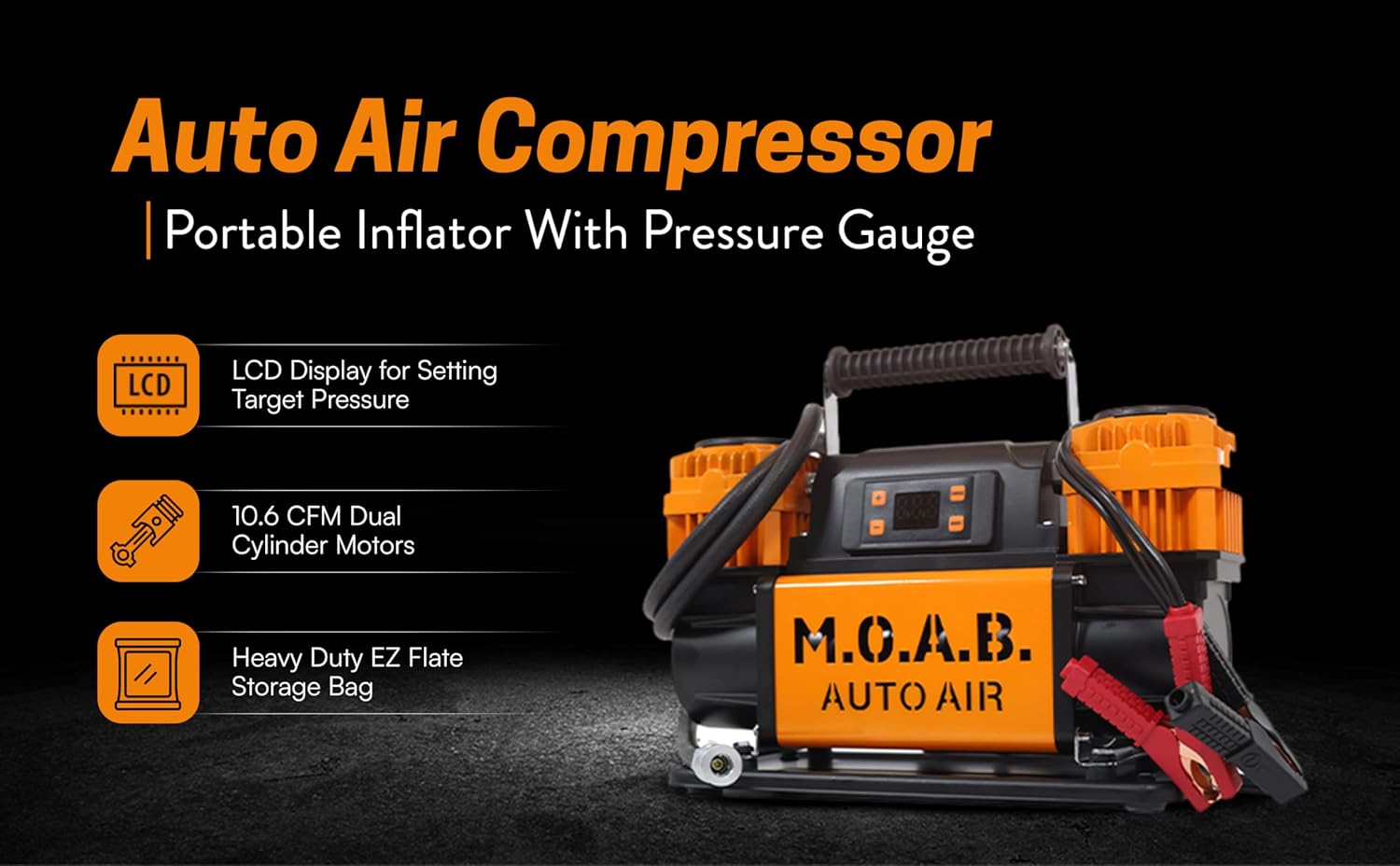 EZ FLATE M.O.A.B. Auto Air Compressor w/LCD Display, Set Target Pressure, dual air compressor, 10.6 CFM Offroad Air Compressor 4x4, 150 PSI, Inflator With Pressure Gauge - Image 2