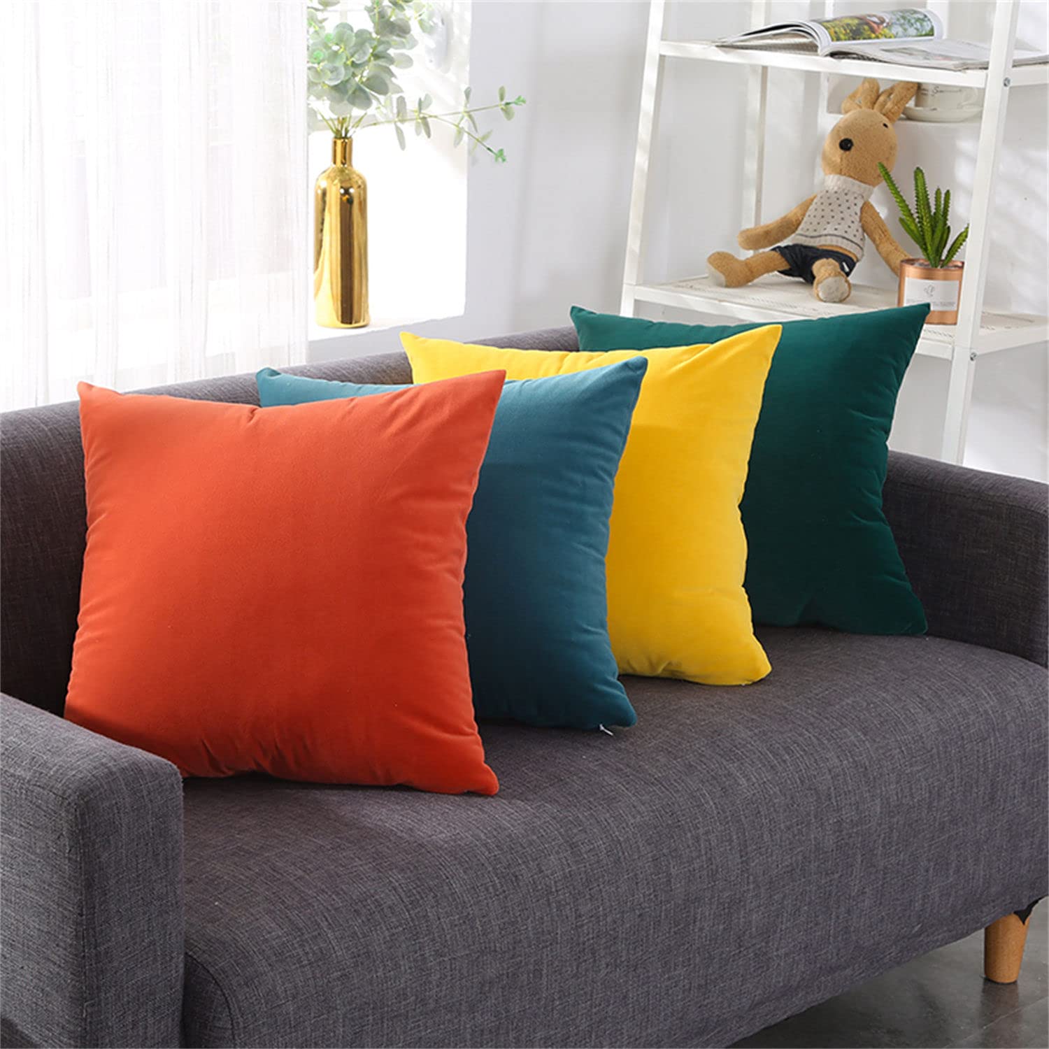 Federe Cuscini Velluto Copricuscini Quadrate Federe Cuscini, per Arredo Moderno Letto e Sedia (Giallo,60 * 60cm(Set di 4))