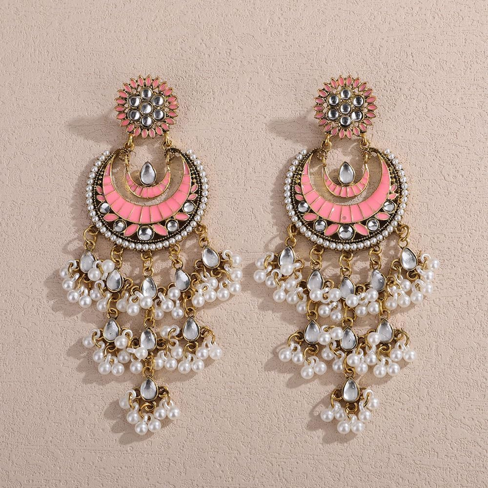 Missgrace Bohemian Indian Red Blue Rhinestone Dangle Teardrop Tassel Moon Long Earrings for Women Vintage Retro Chandelier Faux Pearls Earrings Beaded Crystal Jhumka Jhumki Tassel Studs Traditional Earrings for Women - Image 4
