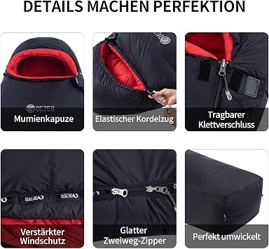 Down sleeping bag hibernation bag filled with 650 duck down. RDS certified. Suitable for temperatures from 8 °C to -30 °C ideal for camping and mountaineering.