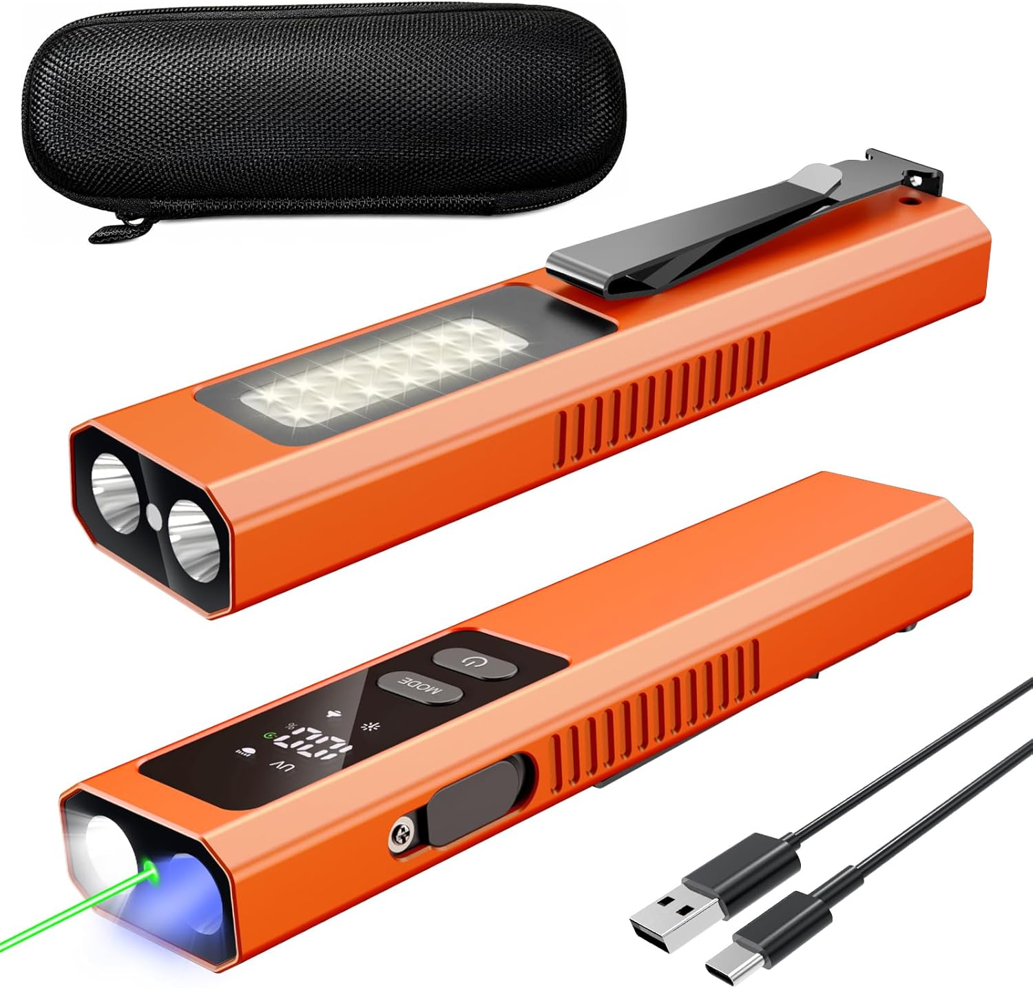 EDC Flashlight 4 in1 Magnetic Flashlight High Lumens Work Light with Green Beam & UV & Warning Light Combo EDC Flashlight Rechargeable LT-010 (Orange)