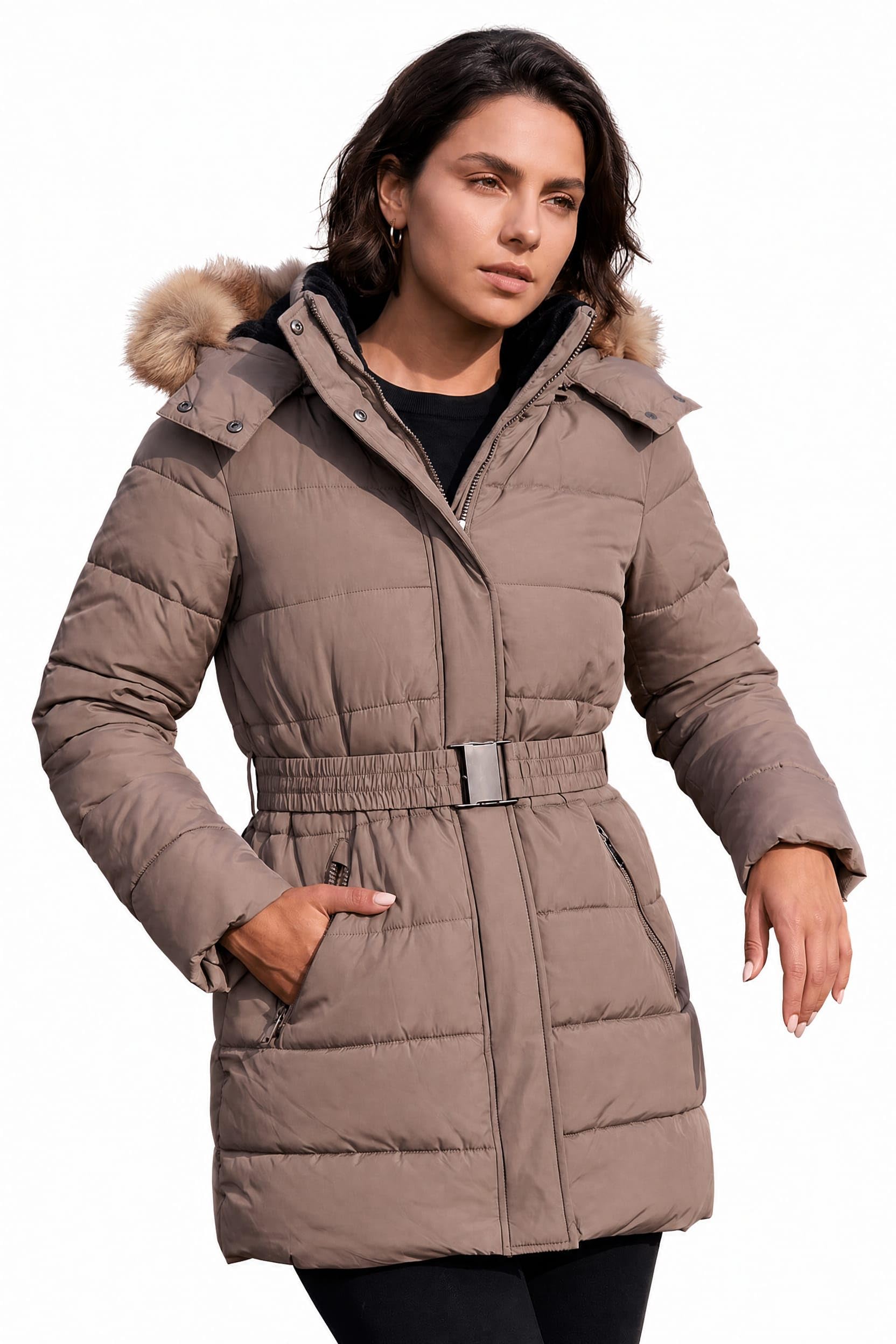 Roman Faux Fur Padded Belt Coat - Dark Brown - Size 16