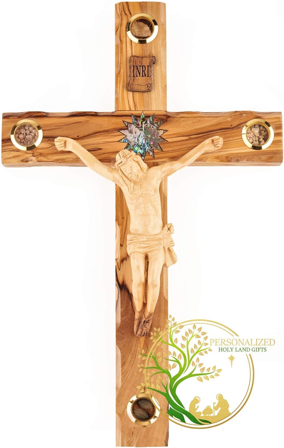 Jerusalem Olive wood wall cross - Wooden crucifix with Mother of Pearl - Bethlehem Star on a wooden cross - Holds Soil, Flowers, Incense and Leafs. Made in the Holy Land by Christian craftsmen XLarge