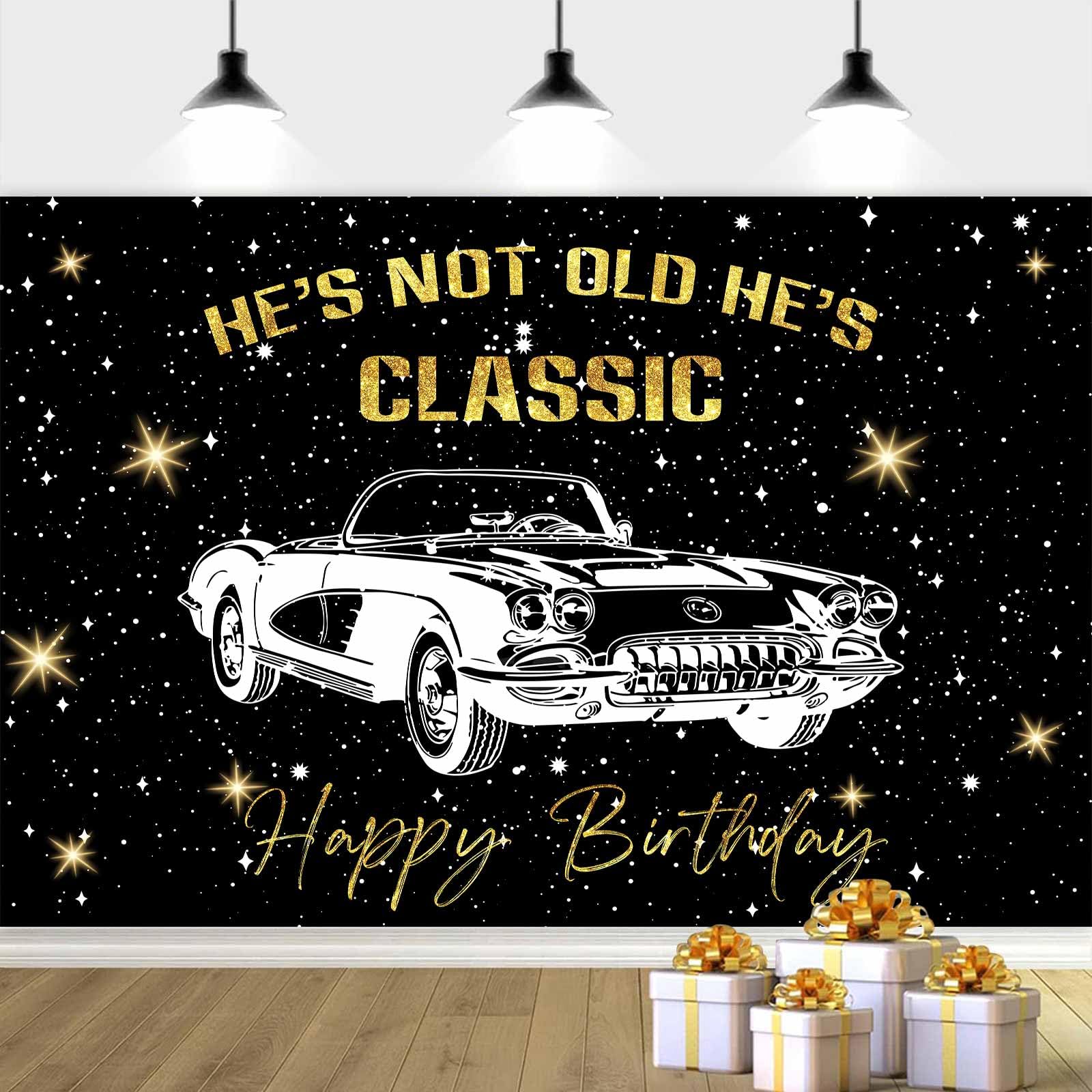 10X8ft Vintage Car Backdrop Black Retro Car Birthday Backdrop, Black Happy Birthday Photography Background Auto Theme Party Banner Decor for Boy Men