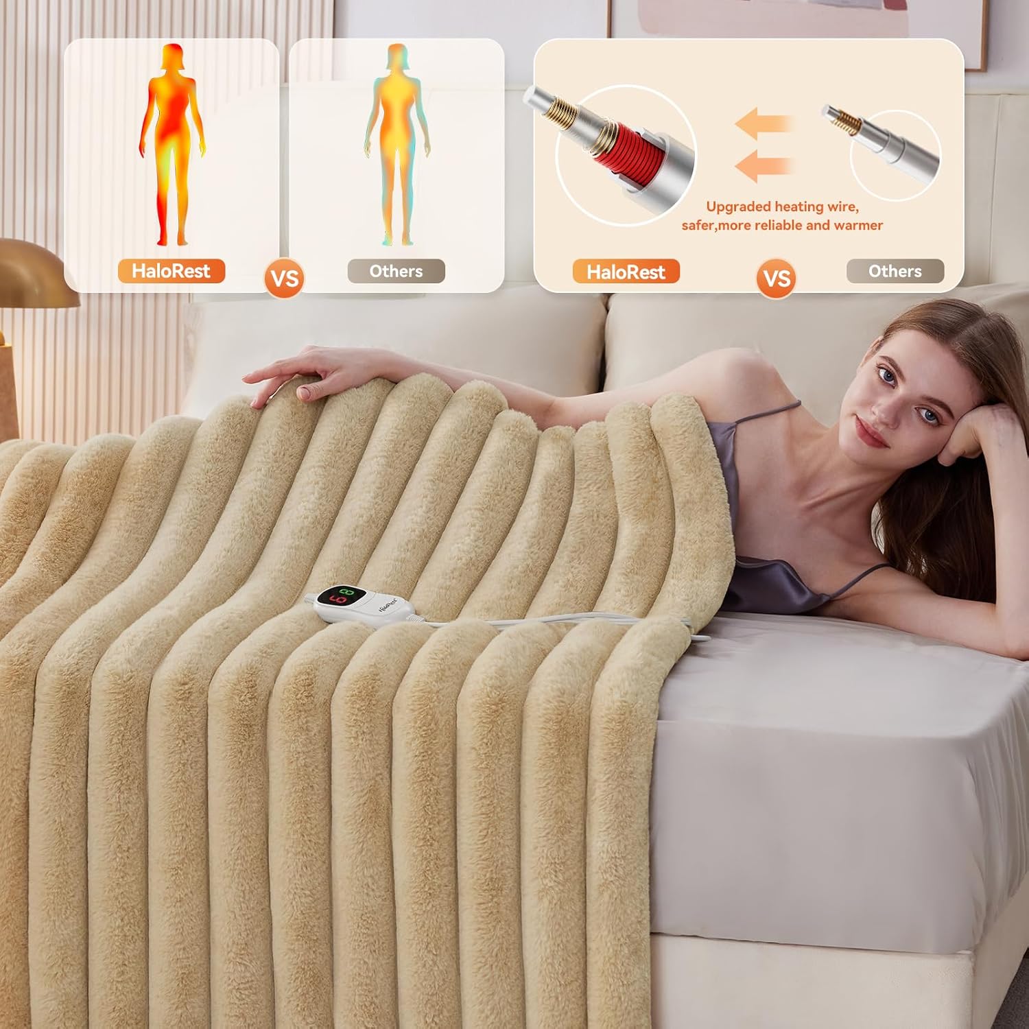 Heated Throw Blanket, Faux Fur Cozy Heating Blanket with Overheat Protection, 1/2/4/6/8 Hours Auto-Off 10 Heat Level, Machine Washable (50x60 Inches, Beige) - Image 2