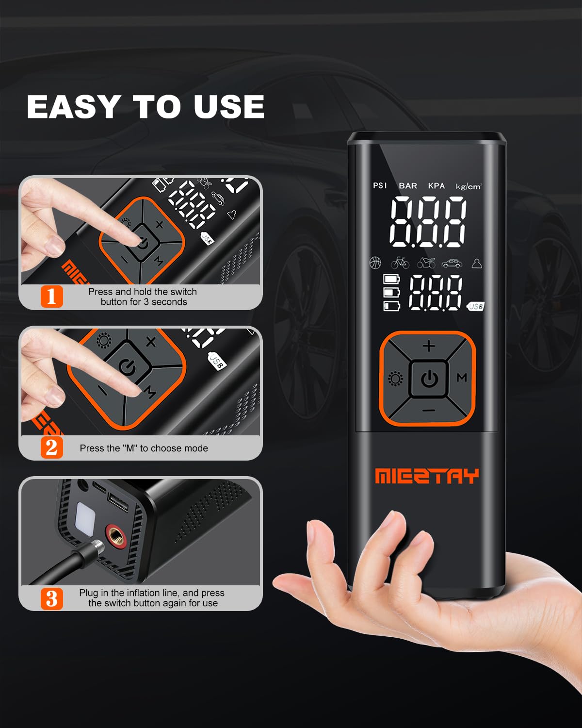 Portable 5-in-1 Tire Inflator & Air Compressor With Pressure Gauge & Escape Tool - View #10