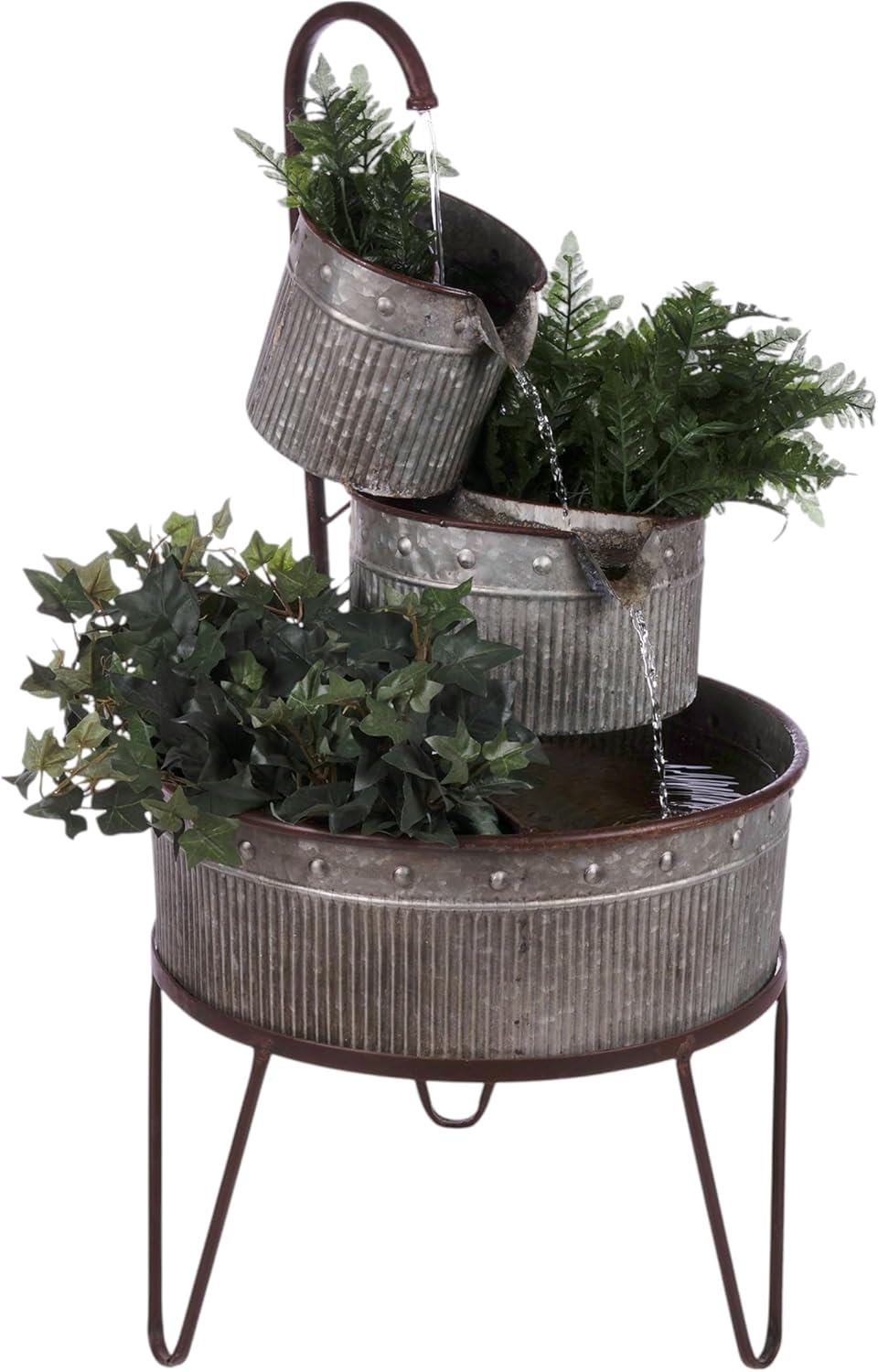 Alpine YHL684 33" 3-Tier Vintage Metal Tubs Fountain with Planters & LED Lights - Rustic Outdoor Cascading Waterfall for Patios & Gardens