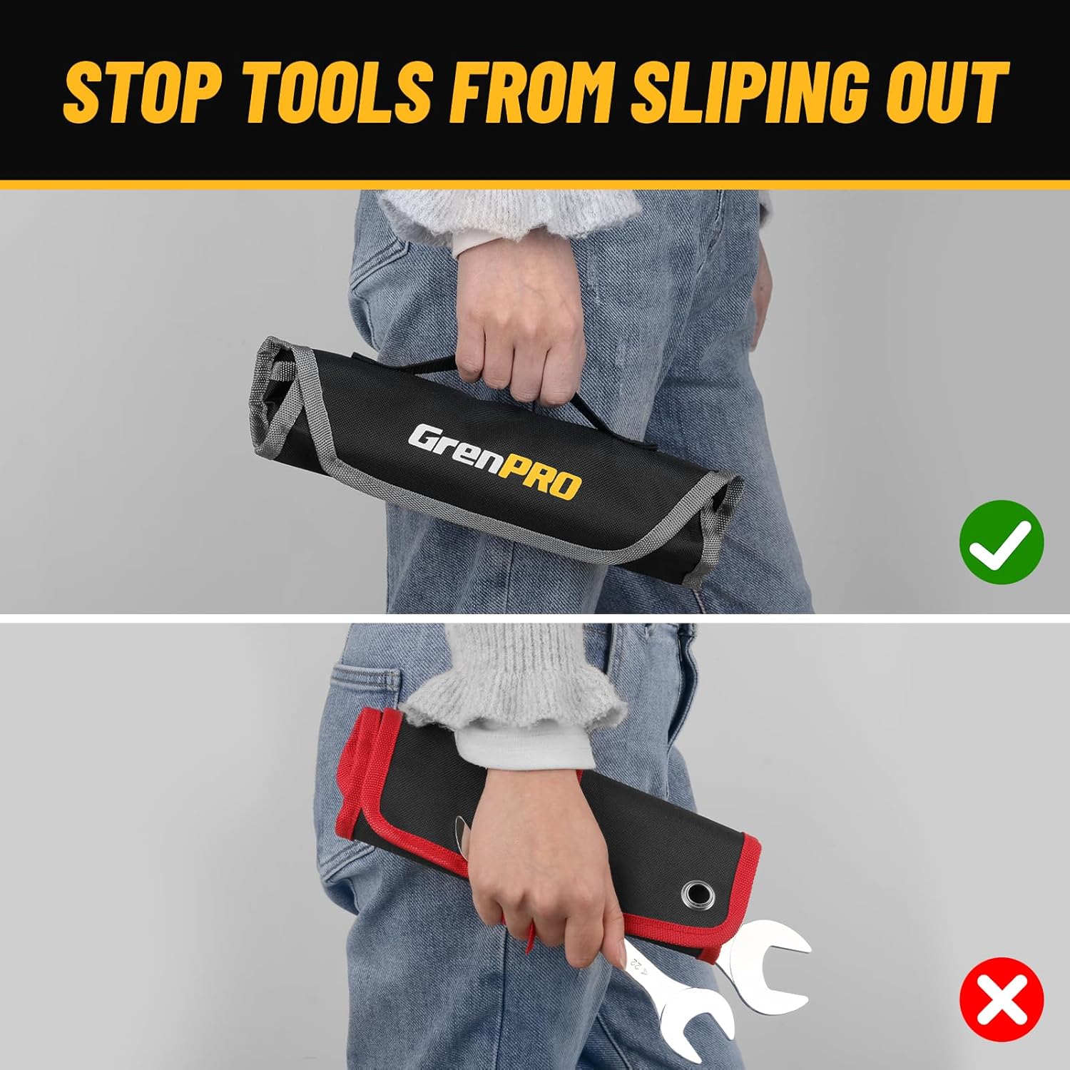 GRENPRO Super-Thin SAE Wrench Set, Open End Wrench Set, 9PCS 1/4, 9/32, 5/16, 3/8, 11/32, 13/32, 7/16, 1/2, 9/16, 11/16, 3/4, 13/16, 7/8, 15/16, 1, 1-1/16, Small Slim Spanner Rolling Pouch with Gauge