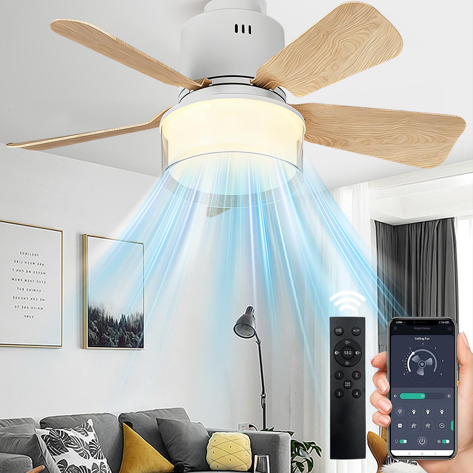 YumSur E27 Ceiling Fan Light with Remote Control,3 Speed 3 Color Temperature Led Ceiling Fan Light Dimmable,400r/Min 3000-6500k Quiet Bedroom Fan for Bedroom Living Room Home (style3 Wood Color)