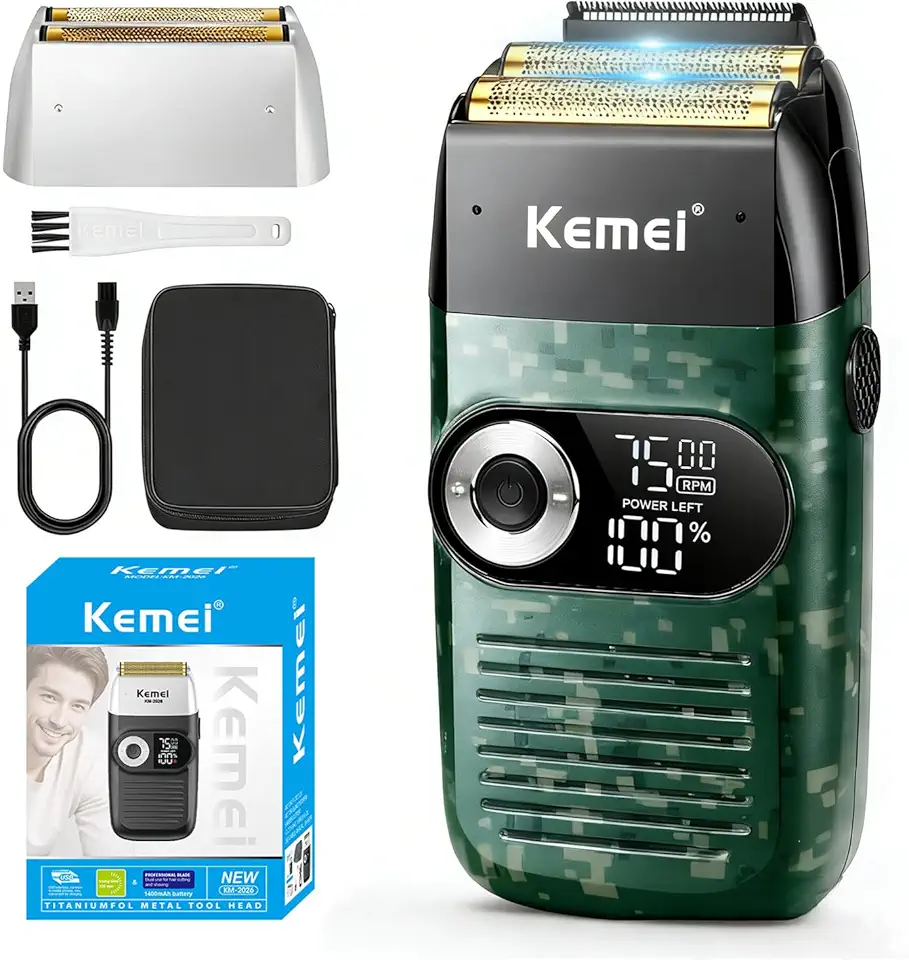 KEMEI Foil Shaver Barber for Men,Electric Razor Rechargeable with Beard Trimmer,Cordless Lithium Titanium Foil Shavers with Travel Case