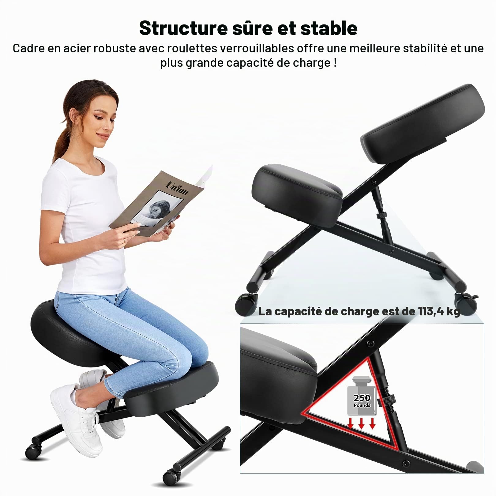Chaise à Genoux de Bureau Ergonomique, Tabouret Genoux pour la Maison et Le Bureau, Chaise pour Ordinateur avec roulettes, Réglable Hauteur, Structure de Métal, Faux Cuir, Rembourrée