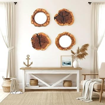WELLAND Four Pack Rustic Wall Mounted Mirror Wall Decor Handmade Solid Wood Decorative Mirrors, 10" x 12" Modern Hanging Wall Art for Bedroom, Bathroom, Living Room, Entryway, Dressing Room