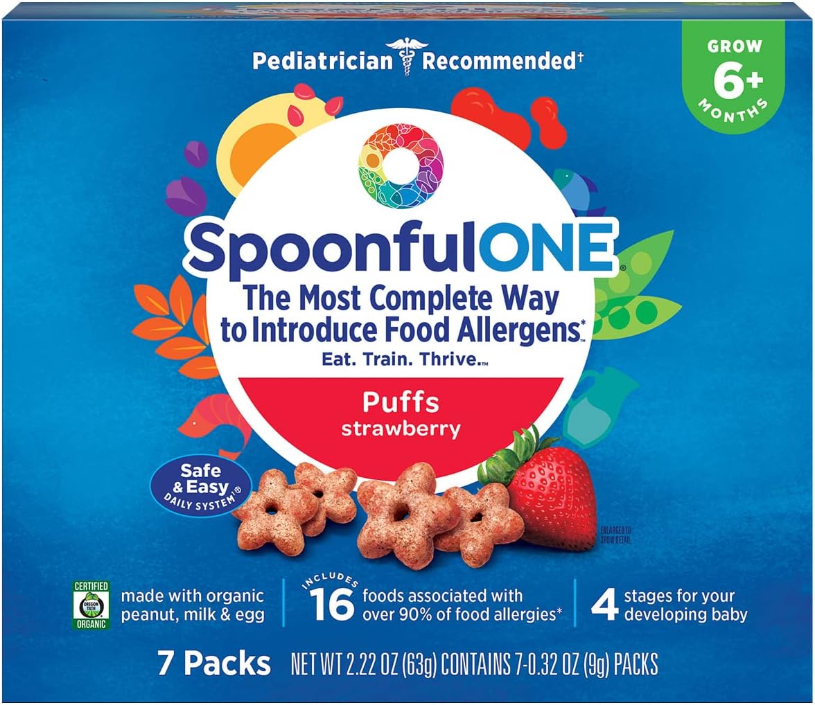 SpoonfulONE Food Allergen Introduction Puffs | Smart Feeding Snack for an Infant or Baby 6+ Months | Certified Organic (Strawberry - 7 Pack)