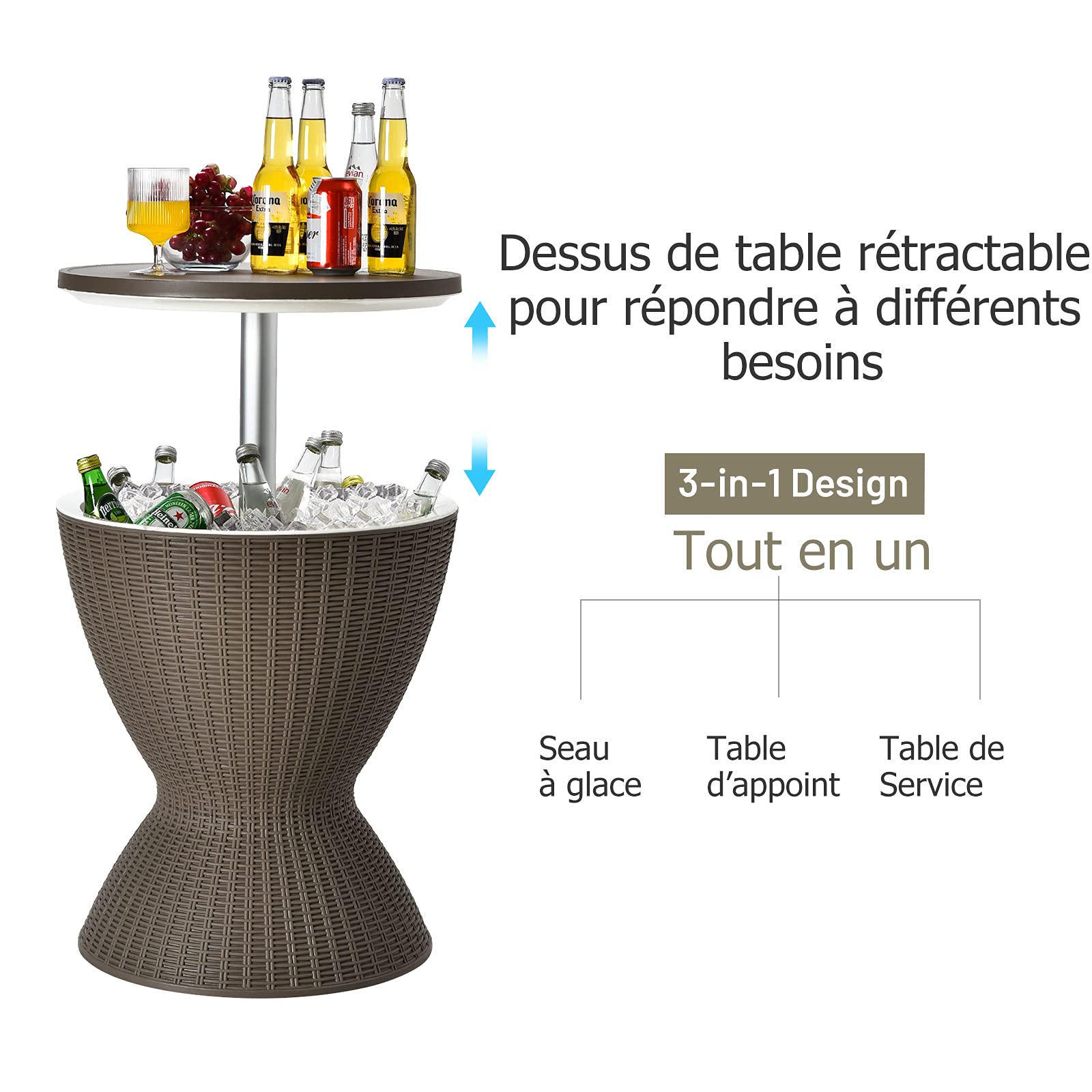 GOPLUS Cubo de Hielo 3 en 1 Ajustable en Altura con tapón de Vaciado, Mesa de Enfriador de Hielo, 30 l de Polipropileno y Mimbre Imitado, Mesa de jardín con Cuenco para Cubitos de Hielo para Playa