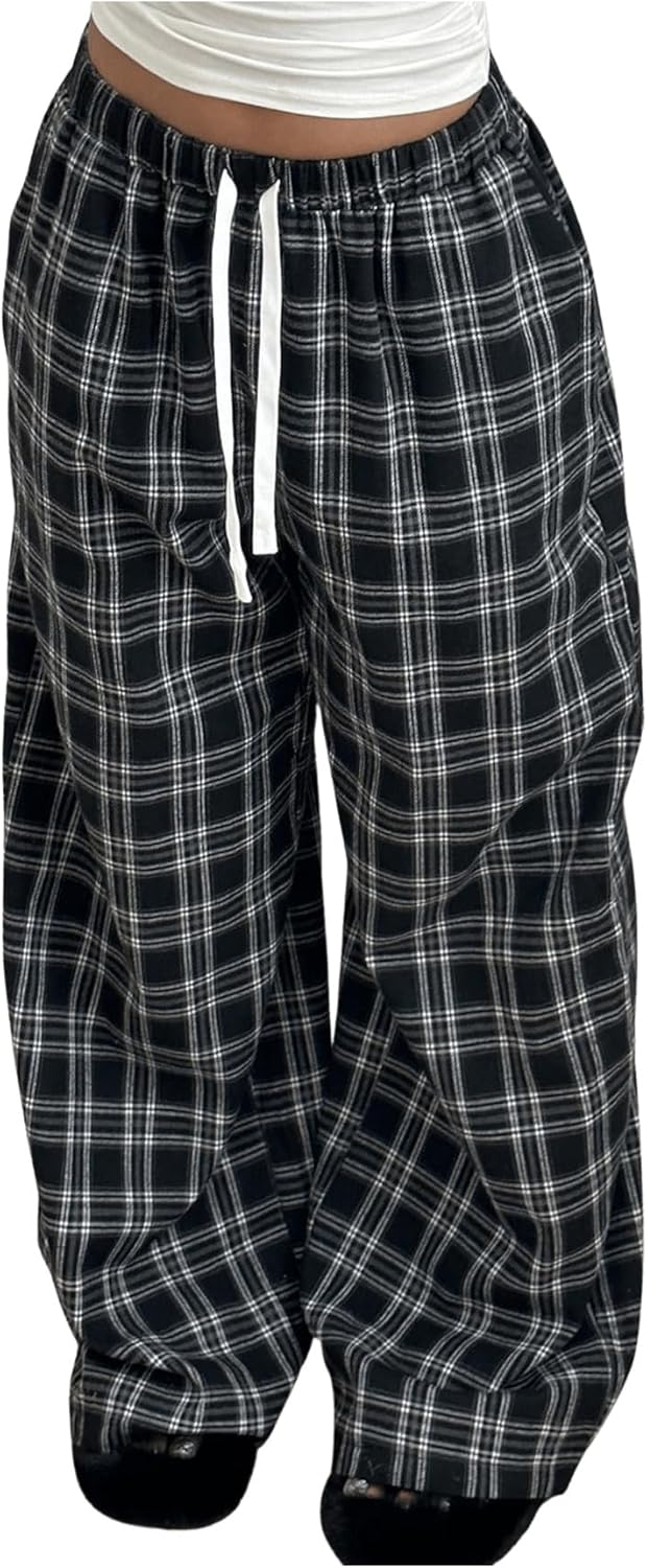 GORGLITTER Women's Plaid Checkered Wide Leg Pants Gingham Drawstring Elastic Waist Pajama Lounge Trousers with Pockets