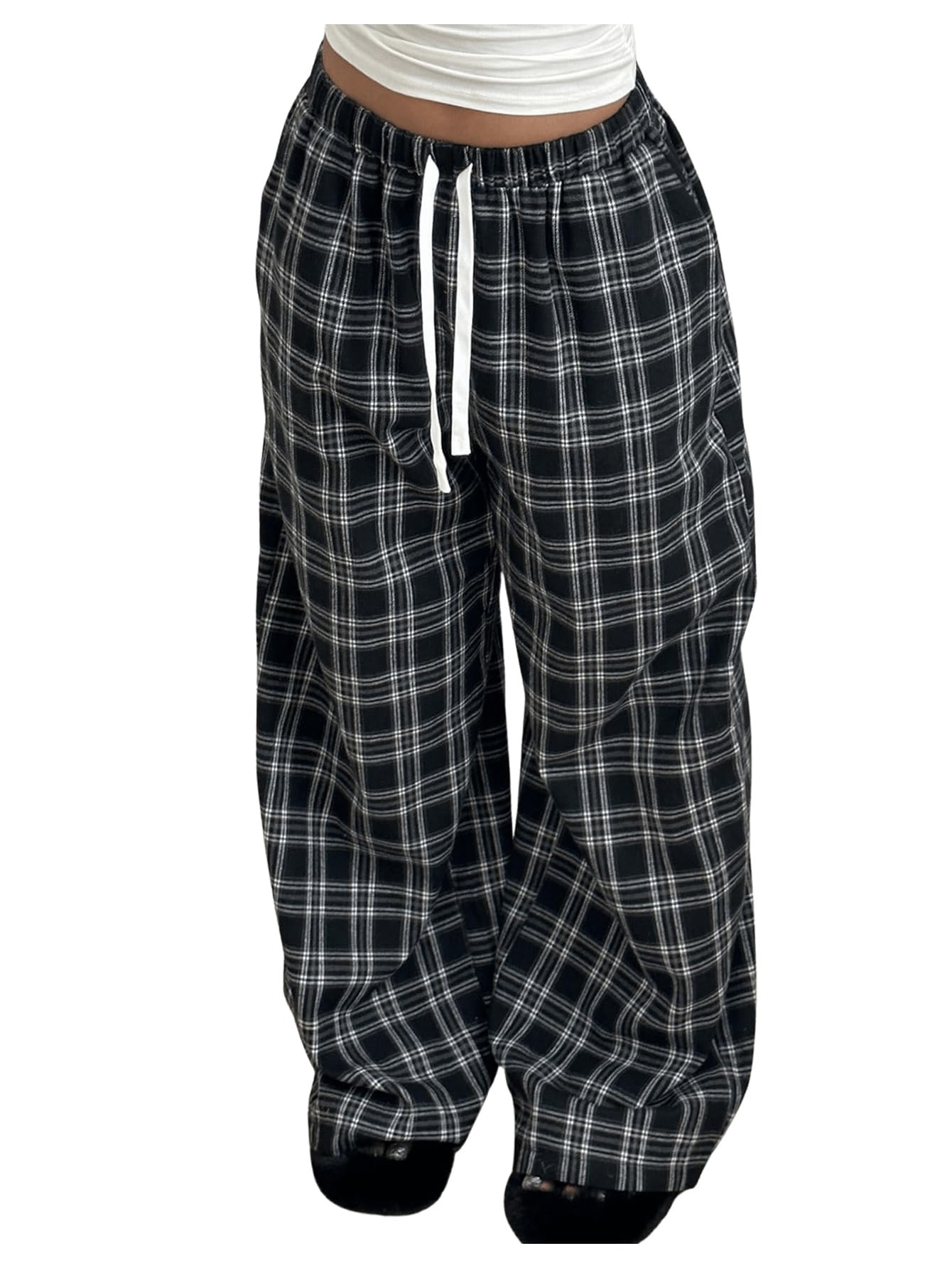 GORGLITTER Womens Plaid Checkered Wide Leg Pants Gingham Drawstring Elastic Waist Pajama Lounge Trousers with Pockets