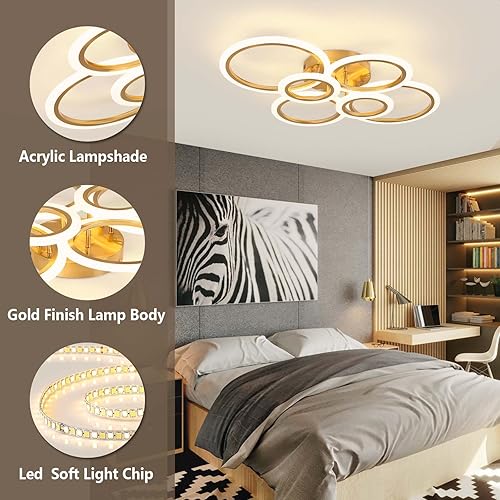 Miniatura 7 de Lámpara de techo moderna dorada de montaje empotrado, 6 anillos regulables, lámpara de techo moderna con control remoto, lámpara de techo para sala