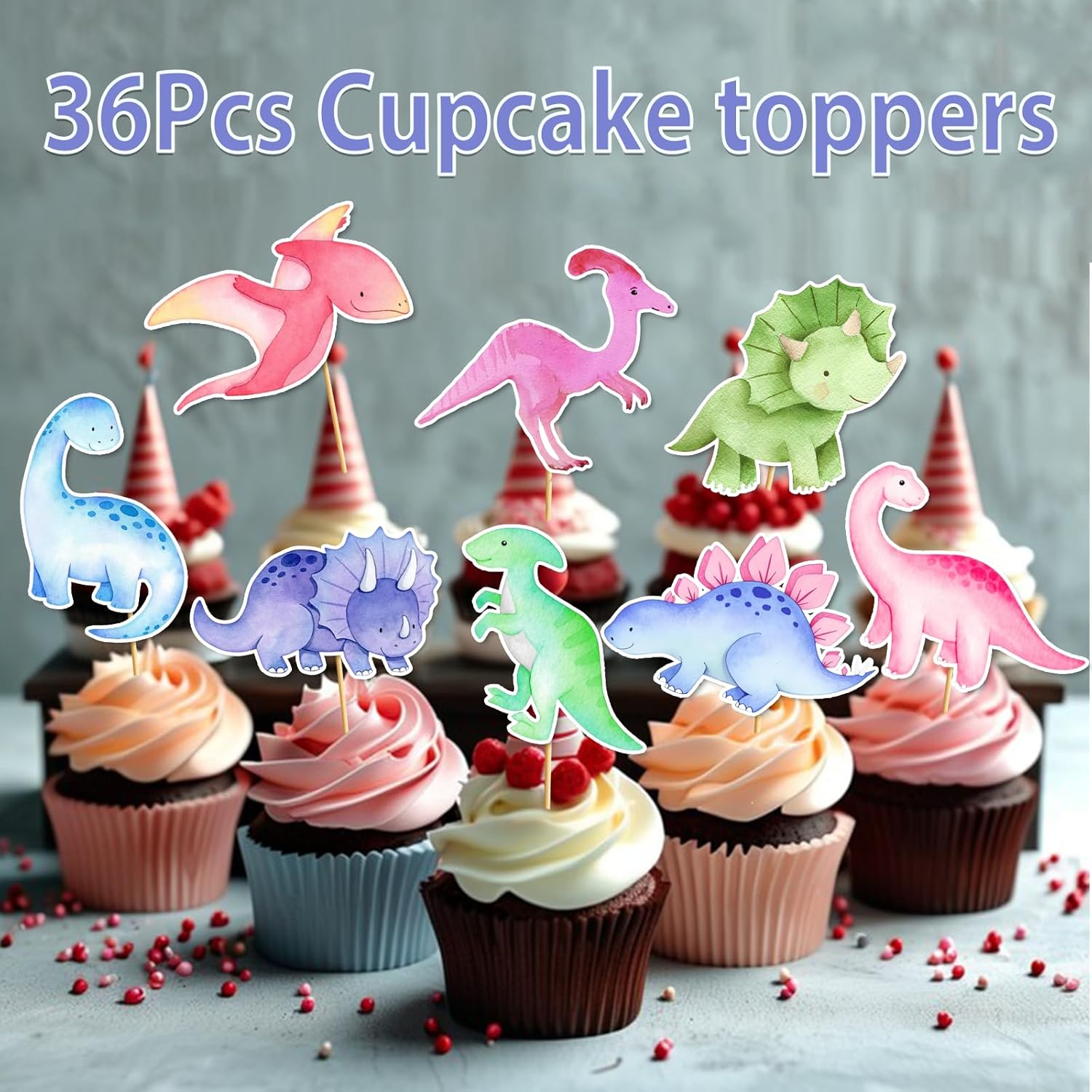 36 Pcs Dinosaur Cupcake Toppers - Girl Dinosaur Party Decorations Pink Dinosaur Birthday Decorations Dino Cupcake Toppers