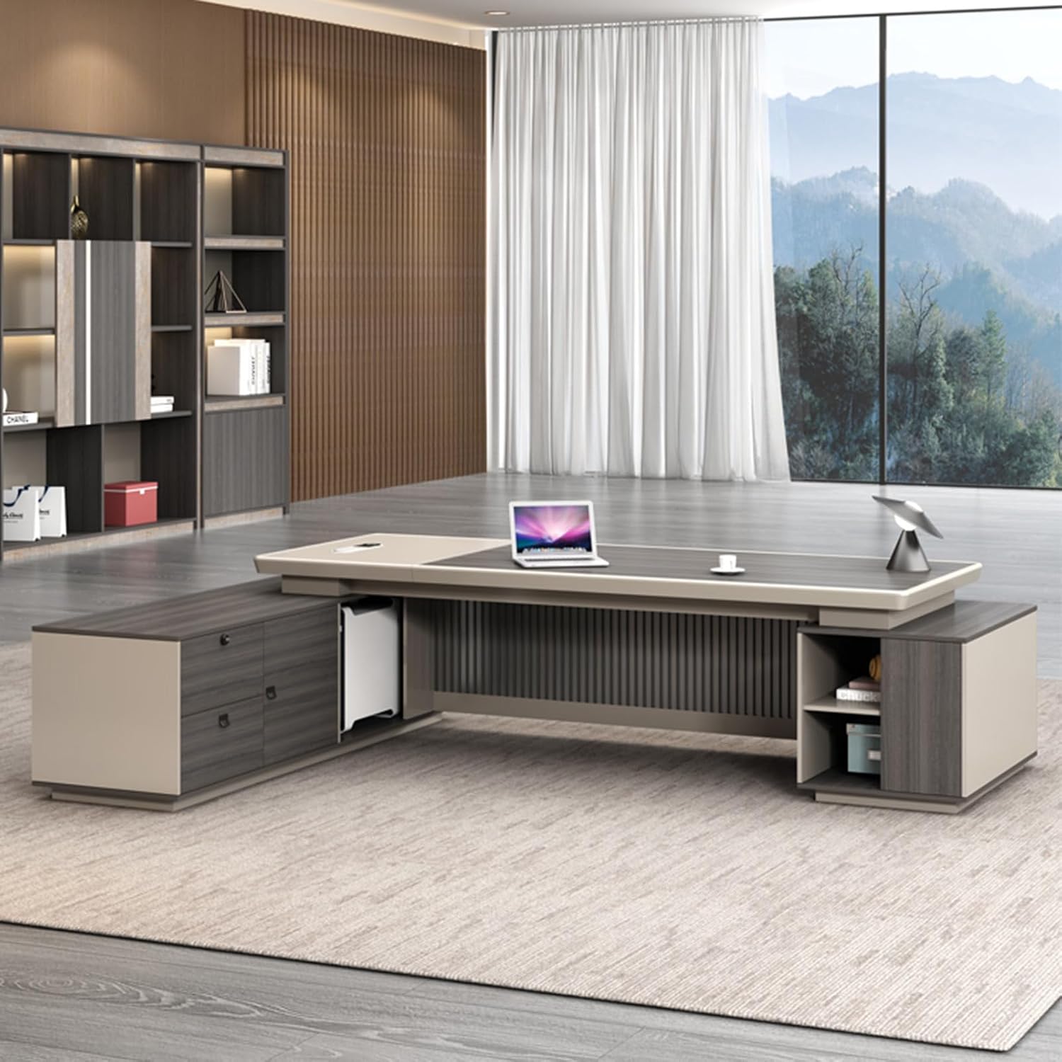 Large Wood Computer Desk Executive Office Desk with Lateral Cabinet Writing Study Table Business Furniture Set for CEO Boss