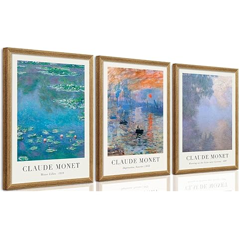 SYWENNOI 3 Pieces Wood Frames Vintage Canvas Wall Art, Claude Monet Impressionism Art Wall Decor, Minimalist Classic Botanical Designs Painting Prints for Living Room Bedroom Offices 12x16 Inch