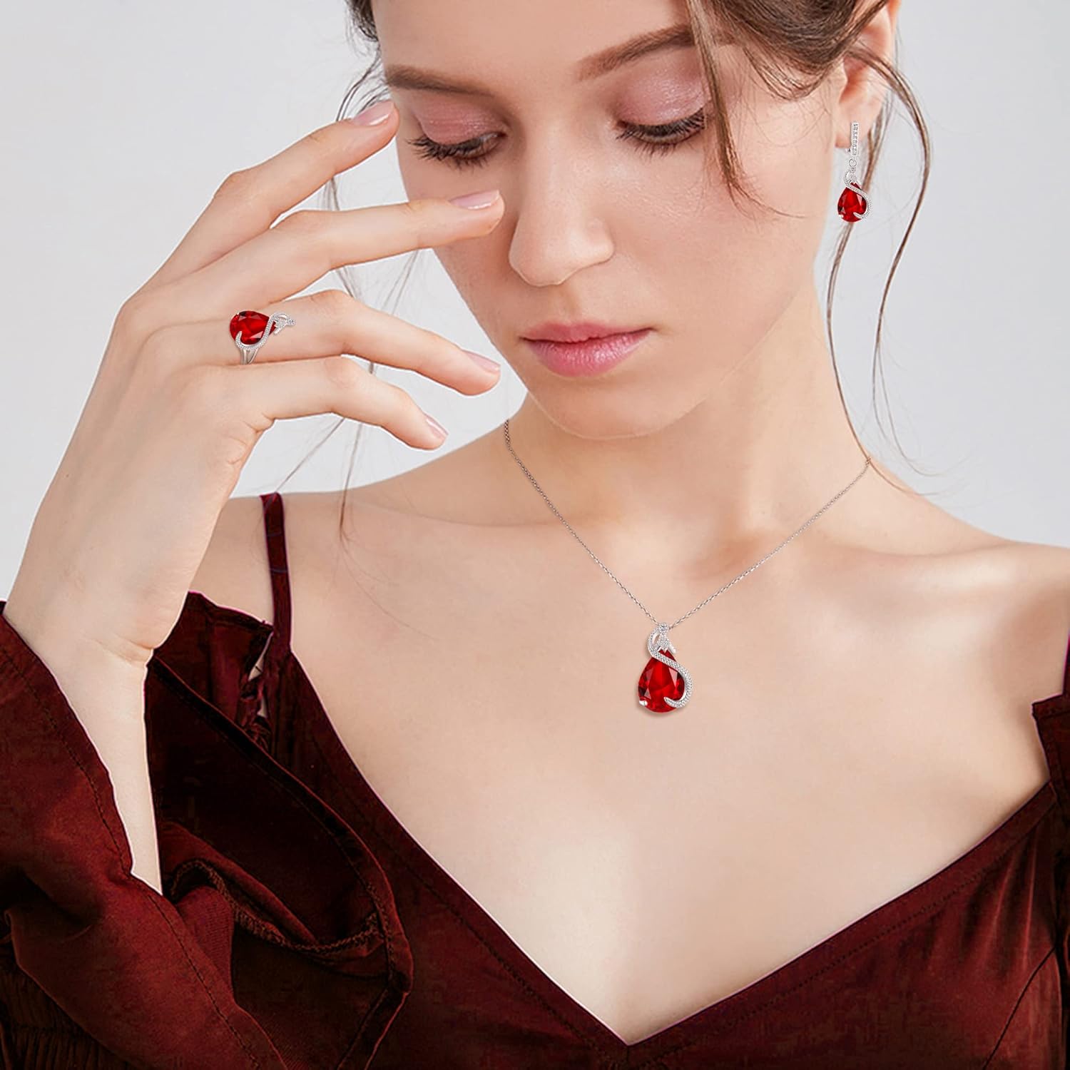 EVER FAITH Wedding Jewelry Set for Bride Bridesmaid, Glamour Teardrop Cubic Zirconia Pendant Necklace Earrings Tennis Bracelet Open Ring Sets for Birthday/Valentine's Day/Mother's Day/Christmas - Image 3