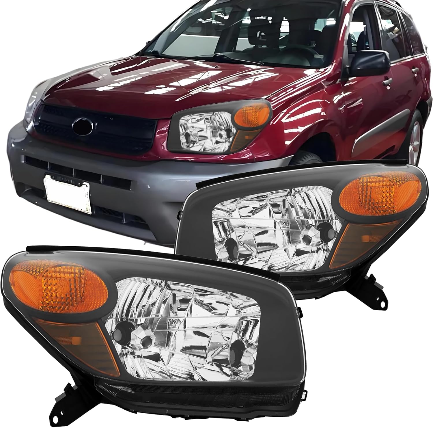 Pair Headlight Assembly Set For 2004 2005 Toyota RAV4 SUV Replacement Halogen Front Bumper Headlamps Driver and Passenger Side Matter Black Housing Clear Lens Left Right(LH&RH)