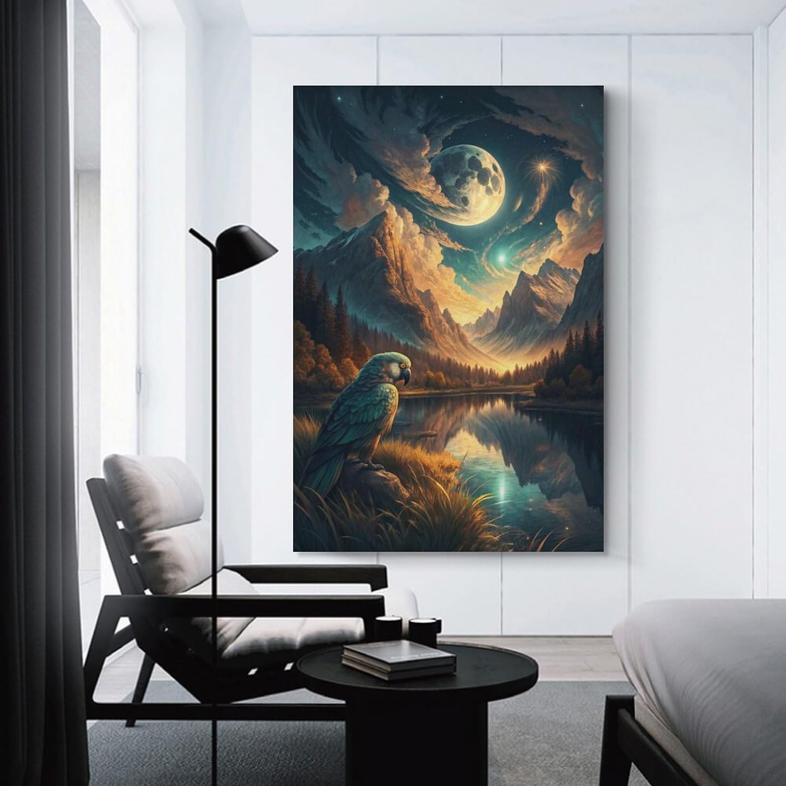 Junmoney Unframe-Style-14-2 Hanging Wall Art Parrot By Moonlit Mountain Lake, 20X30inch(50X75cm), For Small Homes, Bedrooms Or Open Spaces, Wall Decor With Flexible Room Appeal
