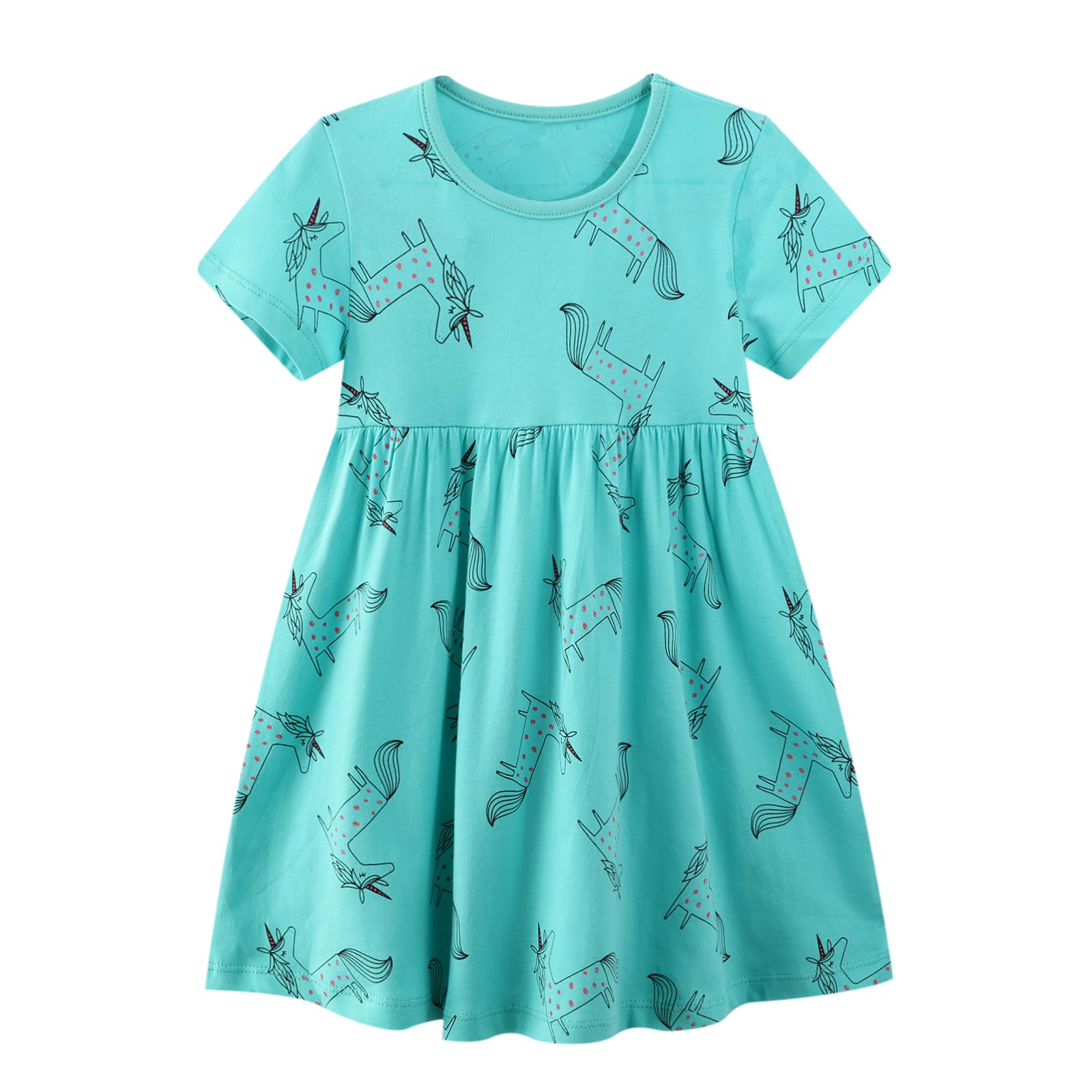 JinBei Vestido para Niñas Algodon Manga Sin y Corta Cuello T-Shirt Redondo Vestidos Rayas Unicornio Estrellas Dibujos Animal Aplique Estampado Casual Princesa Fiesta Verano 2-8 Años