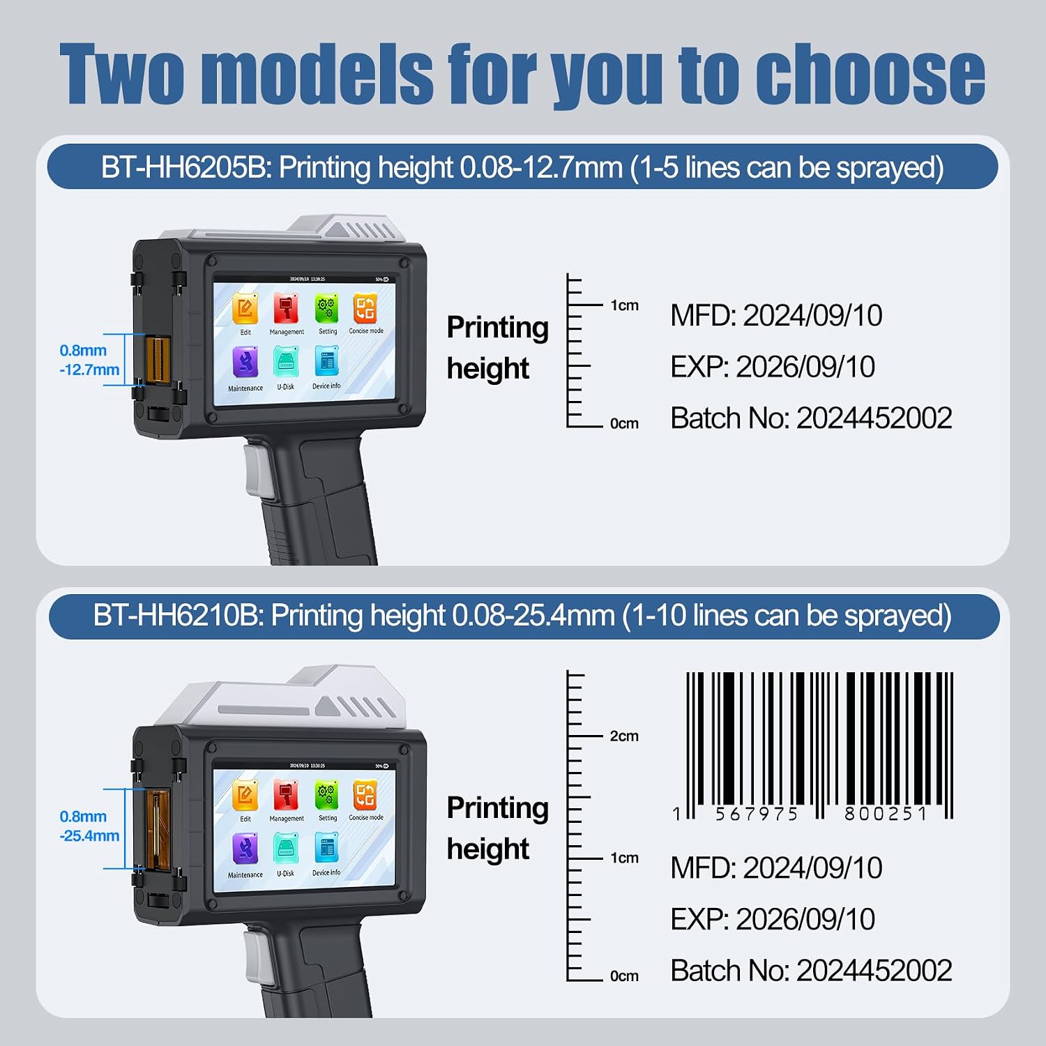 1 Inch Handheld Inkjet Printer, Batch Code Printer with 42ml Fast Dry Ink Cartridge for Date QR Code Barcode on Carton Metal, Support Variable Database Printing for Small Business Warehouse