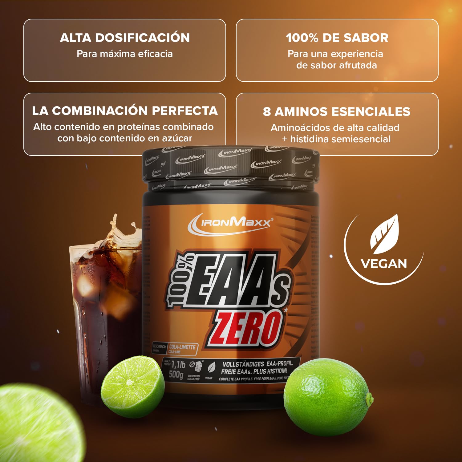 IronMaxx 100% EAAs Cero - Cola Lima bote de 500g | polvo de EAA, vegano y sin azúcares con todos los 8 aminoácidos esenciales | sabor afrutado, sin conservantes