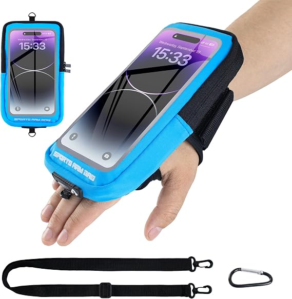 حامل هاتف للجري، حامل هاتف بسوار ذراع للجري مع حلقة تثبيت، أساور هاتف لهاتف iPhone 17 16 15 14 13 12 11Pro Max وGalaxy S25/S24/S23، سوار ذراع للهاتف المحمول حتى 6.8 بوصة (أزرق)
