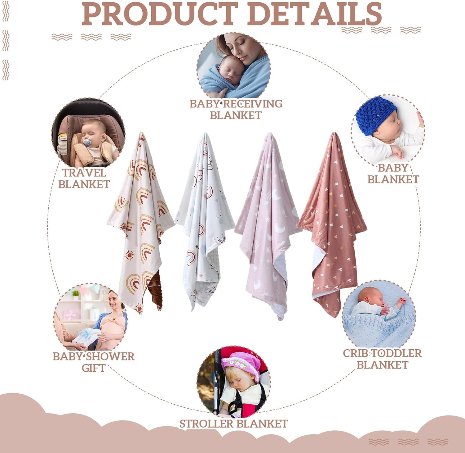 Tiamon 4 Pack Boho Rainbow Baby Blankets for Girl Boy Newborn Unisex Baby Quilts Boho Toddler Blanket Double Layer Dot Back 30 x 40 in Soft Gender Neutral Shower Gift Nursery Stroller