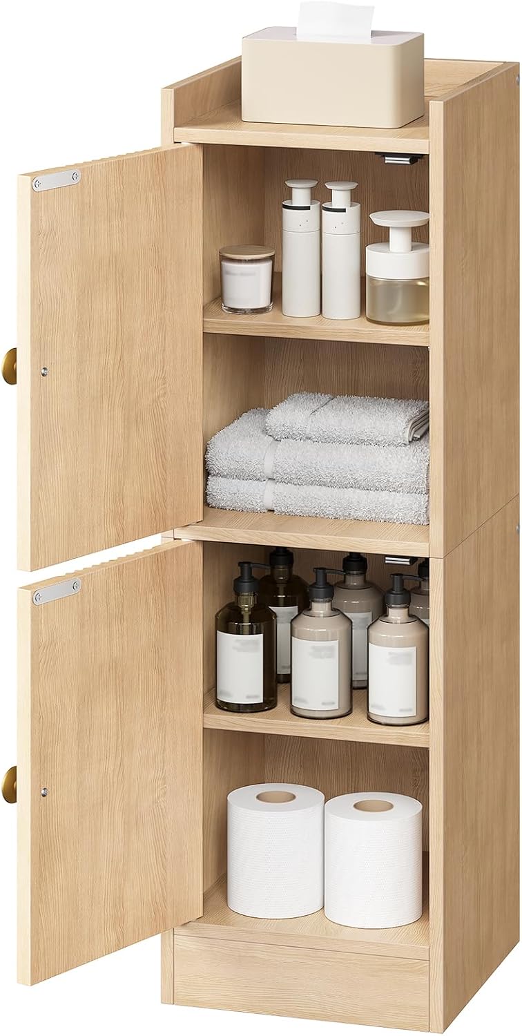 HOOBRO Small Bathroom Storage Cabinet, 9.8" W x 7.9" D x 30.7" H Small Cabinet for Bathroom with Doors, Farmhouse Floor Cabinet with 2 Adjustable Shelves, Narrow Toilet Paper Cabinet, Natural
