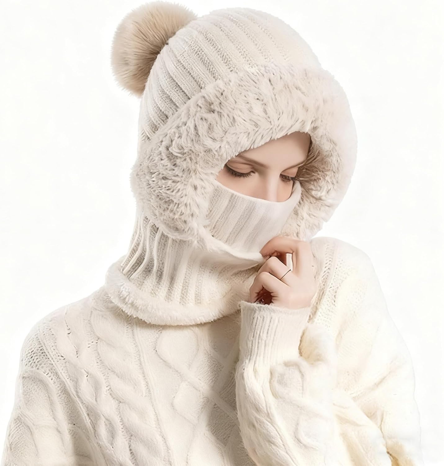 3 in 1 Beanie Hat for Women, Upgrade 3 in 1 Beanie Hat with Scarf and Mask, Fall Winter Warm Knitted Ski Scarf and Mask Set (Beige) - Image 2