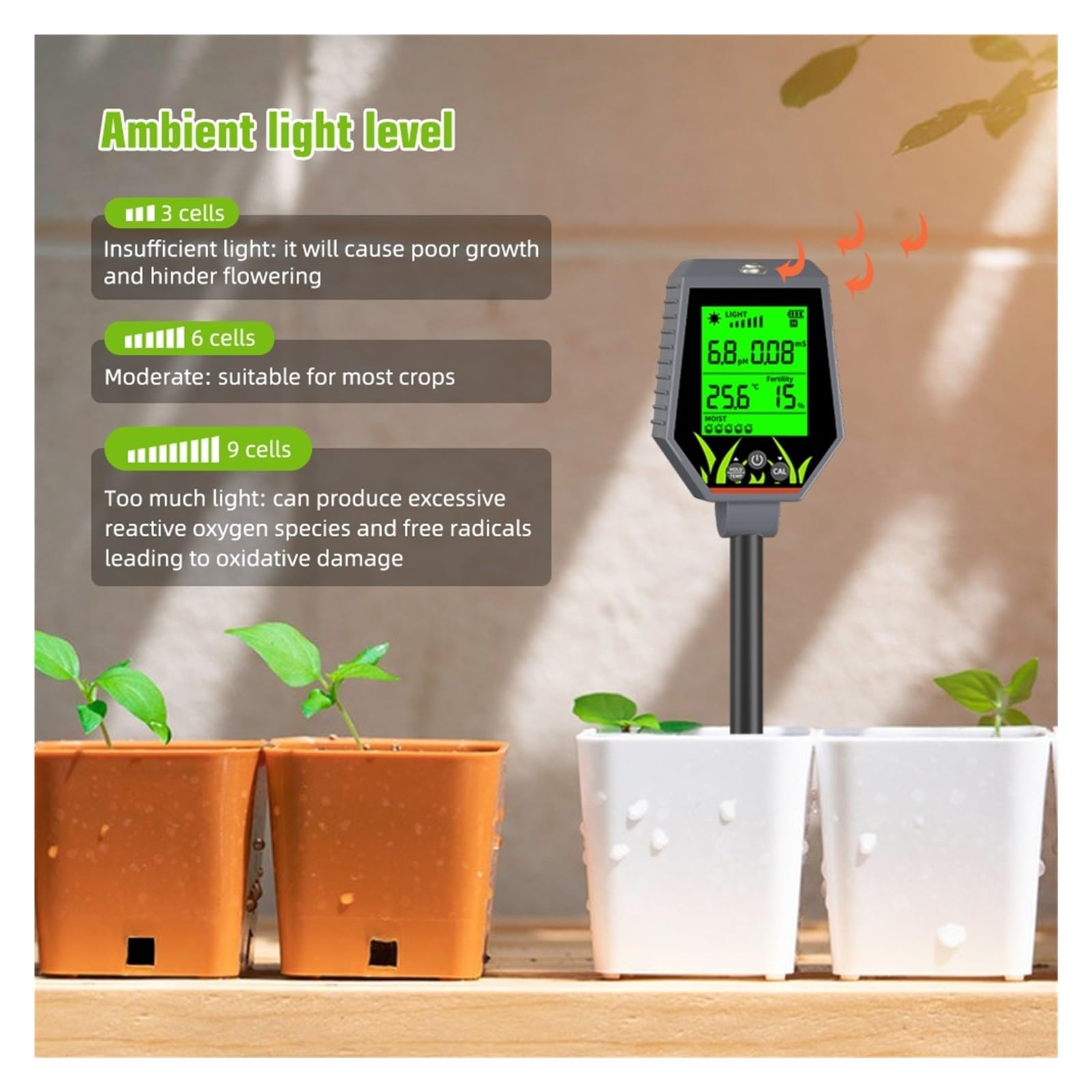 Humidimètre pour Sol, Testeur numérique Multifonctionnel de pH et d'humidité du Sol, détecteur de fertilité du Jardin, Moniteur de lumière du Soleil pour Le Jardinage et l'agriculture