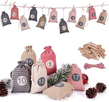 Christmas Advent Calendar Bags, 24 Days Countdown Calendar Burlap bags Hanging Advent Calendar Gift Favors for Xmas Decorations, Reusable Fabric Bags With Drawstring Closureretro country style