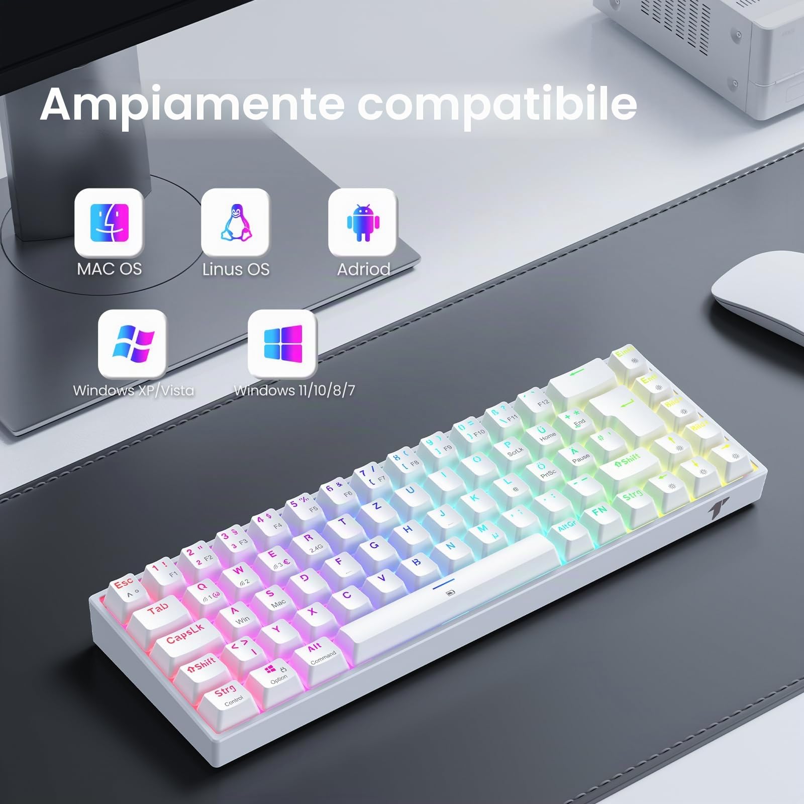 TECURS Tastiera da gioco meccanica senza fili RGB illuminata 65% TKL ricaricabile Bluetooth / 2.4G, 68 tasti, interruttore rosso QWERTZ per PC Windows/Mac/PS4, bianco