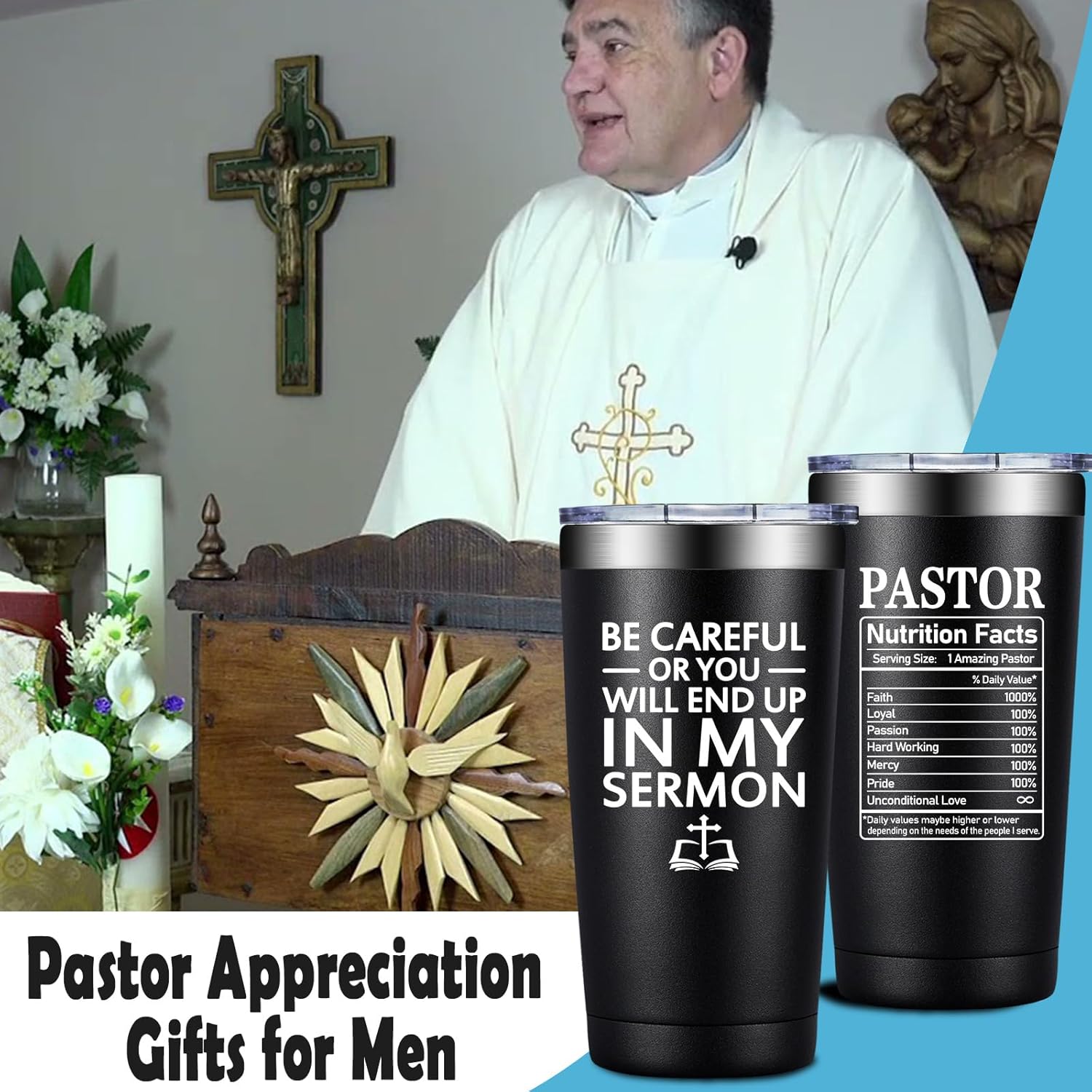 Grifarny Pastor Appreciation Gifts for Men, Women - Thank You, Christmas Gift for Pastors - Be Careful or You Will End up in My Sermon Tumbler Cup 20oz - Image 3