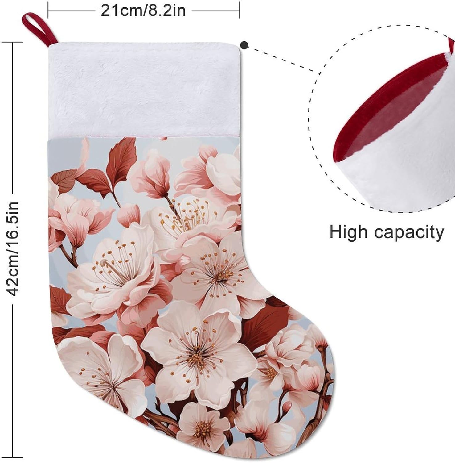 16.5 Inch Christmas Stockings with Plush Cuff - Cherry Blossoms Large Red Xmas Stockings for Fireplace Hanging, Traditional Holiday Decor for Family Christmas Party image 2