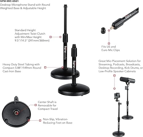 Miniatura 7 de Gator Frameworks Soporte de micrófono de escritorio con base pesada redonda y altura ajustable (GFW-MIC-0501)