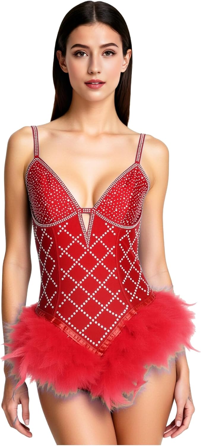Shinsto Women Rhinestone Feather Bodysuit Latin Jazz Dance Acrobat Costume Adult Trapeze Artist Rave Outfits