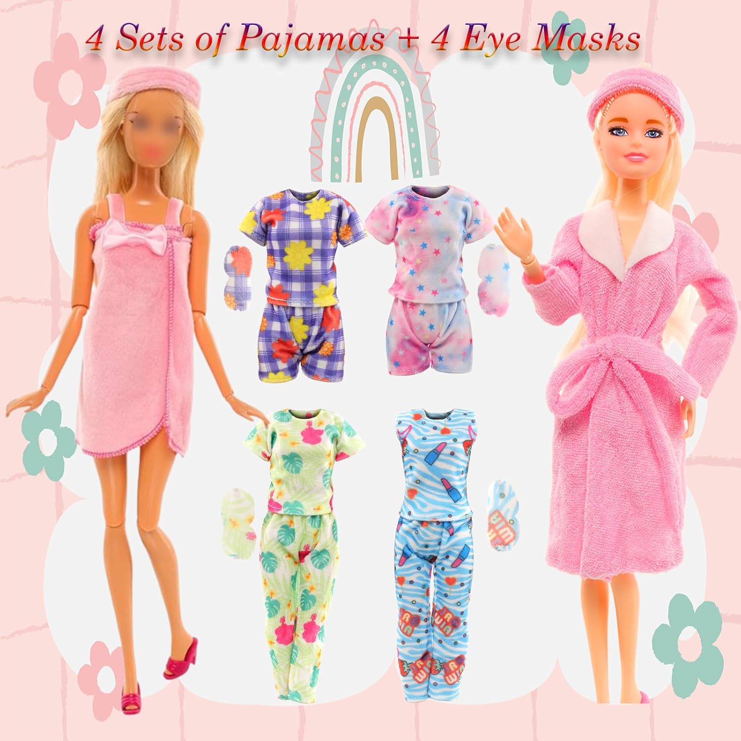 15 Pcs Doll Clothes and Accessories Set - Bathing Suit Collection with 4 Pajamas 1 Bathrobe 1 Bath Towel 2 Headscarves 4 Eye Masks , 3 Slippers for 11.5 inch Girl Doll(Fits Most 12" Fashion Dolls)