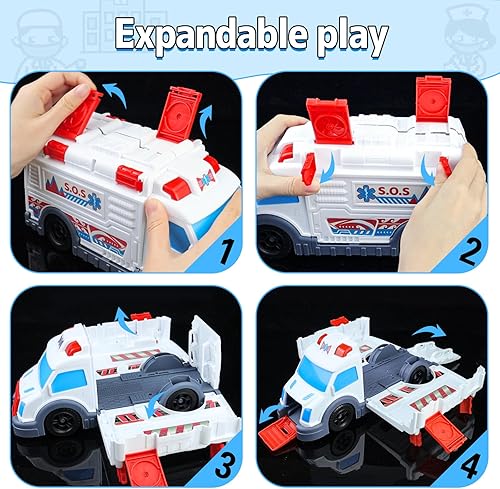 Miniatura 3 de CORPER TOYS Juego de camión de juguete de ambulancia con calcomanías, figuras de vehículo de rescate de ambulancia, auto de juguete para niños