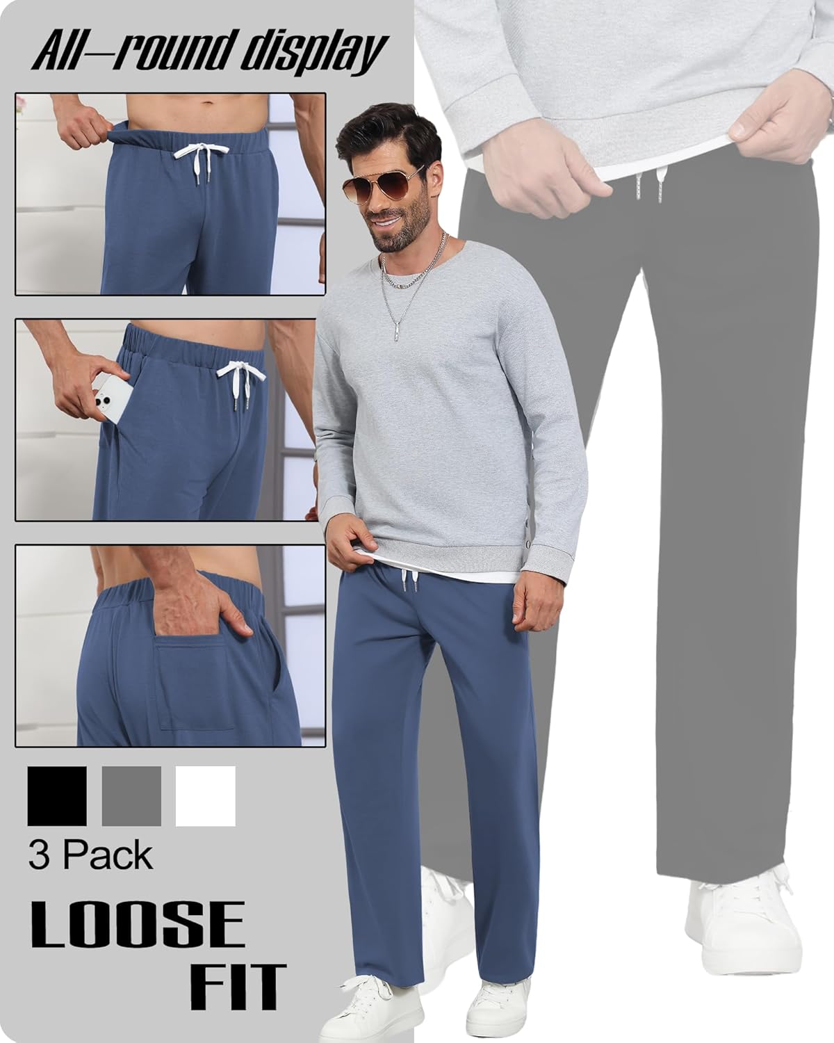 3 Pack Men's Big and Tall Baggy Sweatpants Wide Leg Drawstring Loose Athletic Workout Casual Pants with Pockets - Image 6